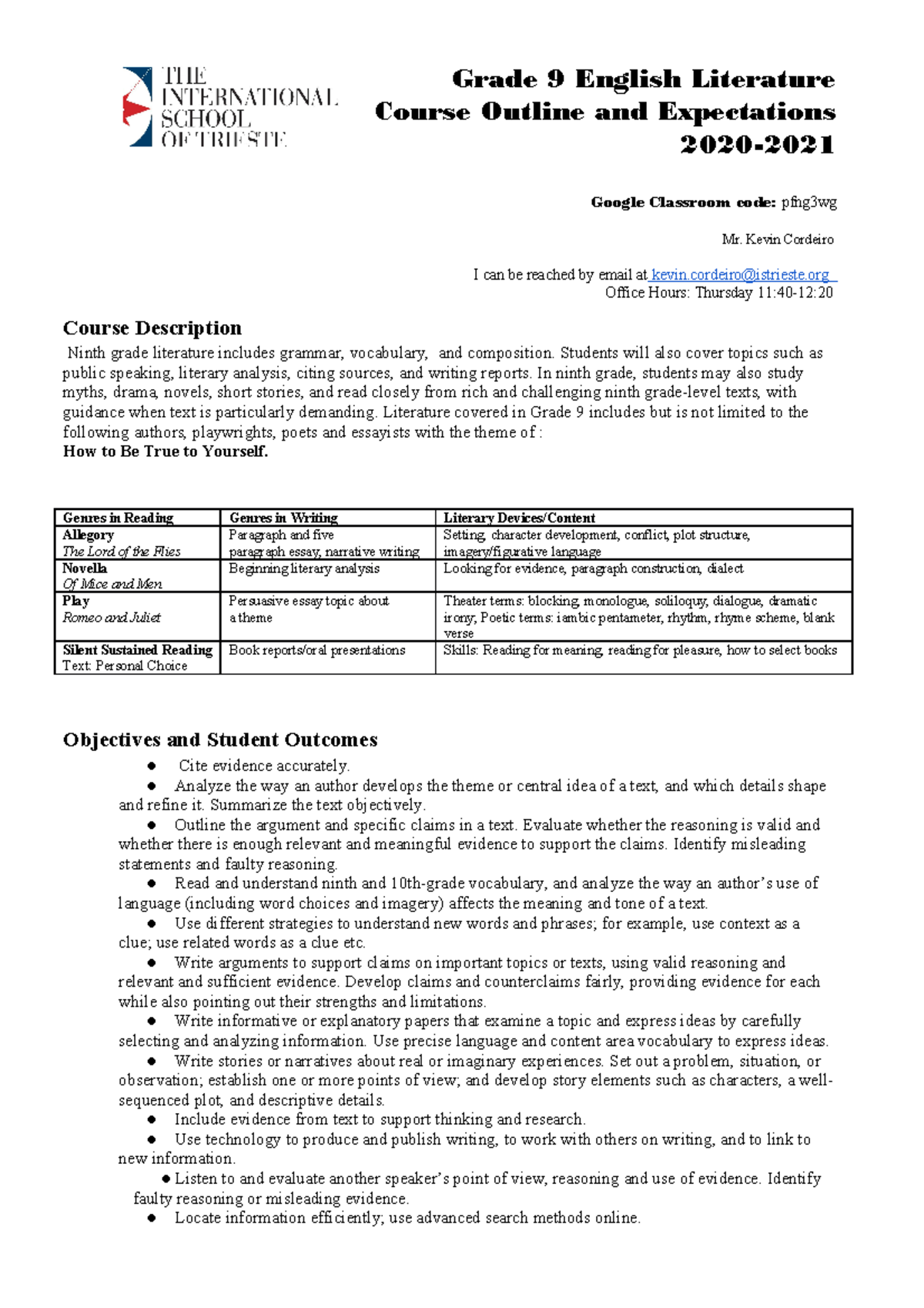 IST Grade 9 Core Subject Syllabii - Grade 9 English Literature Course ...