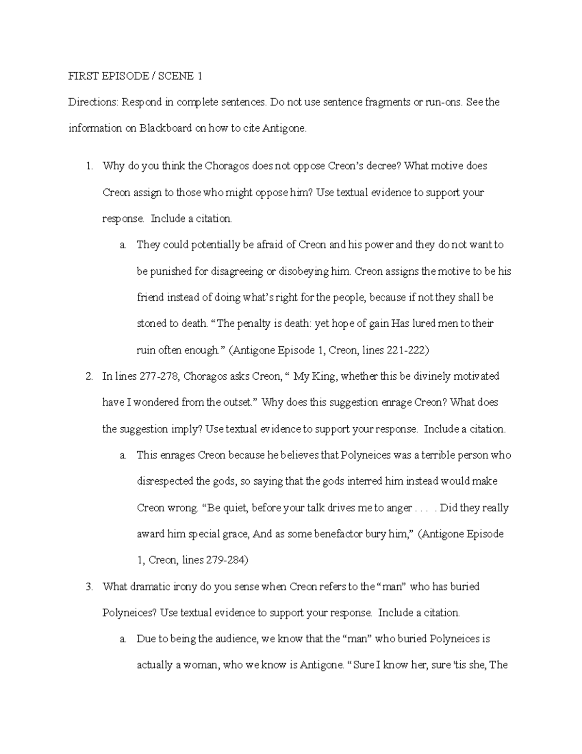 First Episode Antigone First Episode Scene 1 Directions Respond In Complete Sentences Do Not Studocu