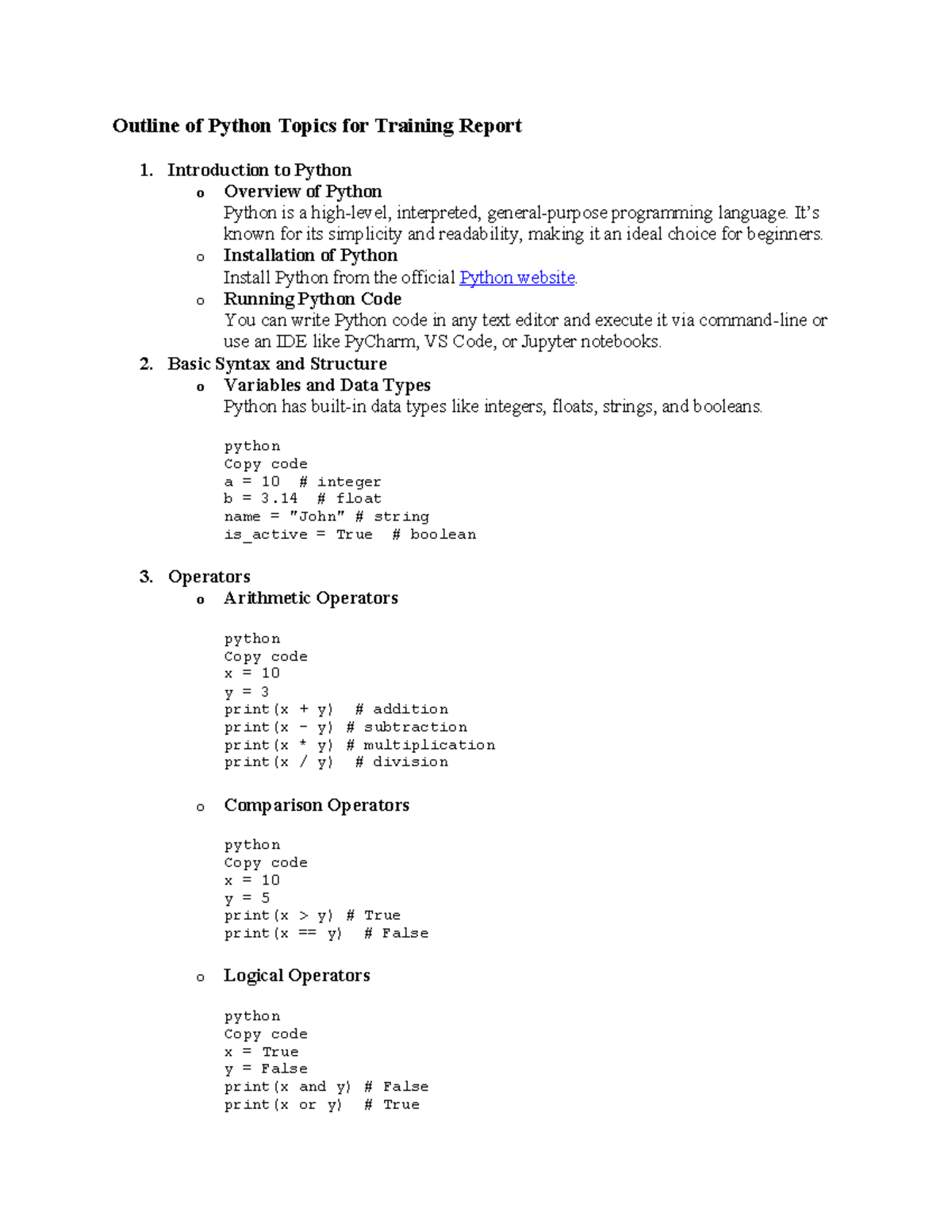 Practical Training Report - Outline of Python Topics for Training ...