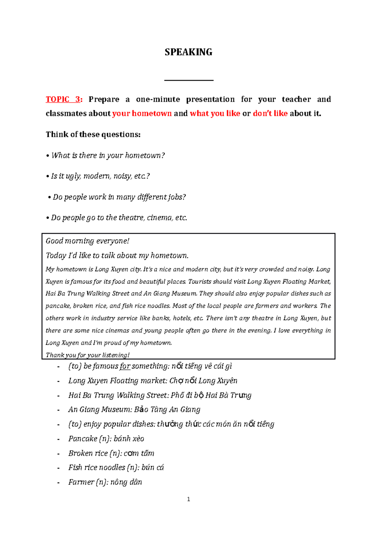 Speaking Topic 3 SPEAKING _____________ TOPIC 3 Prepare a one