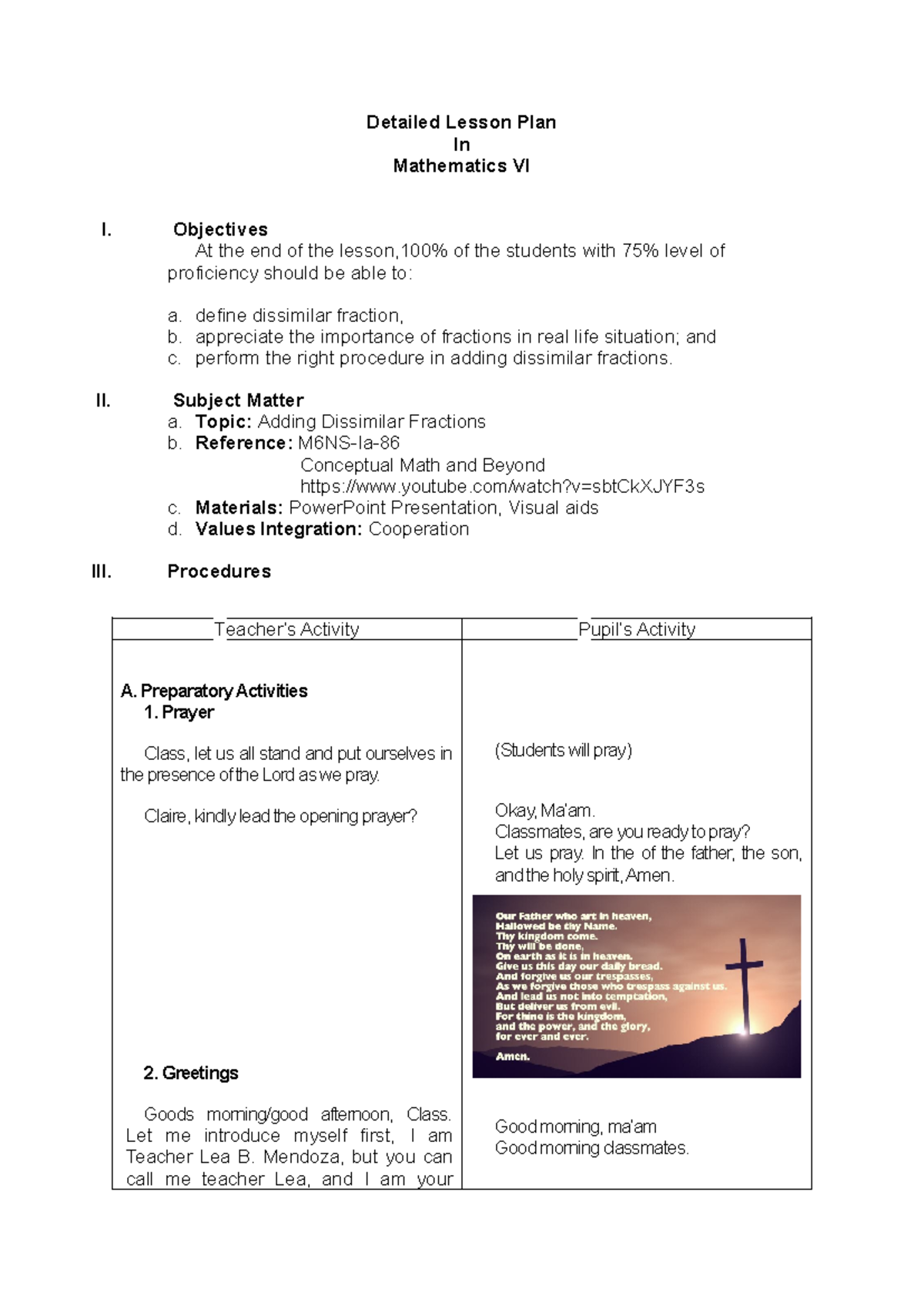 Detailed Lesson Plan Mathematics 6 Adding Dissimilar Fraction ...