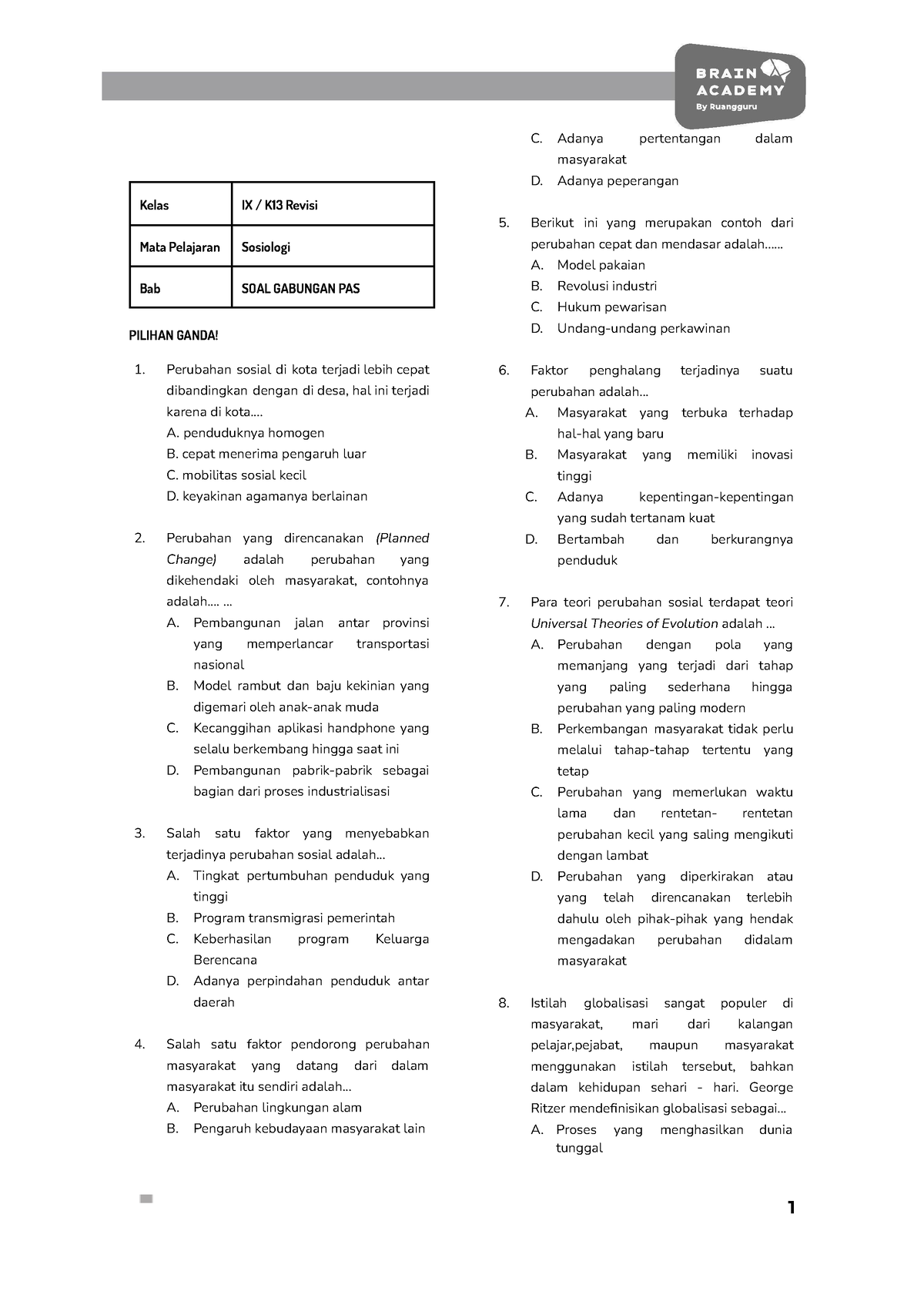 9 SMP SOS SOAL Gabungan PAS - Kelas IX / K13 Revisi Mata Pelajaran ...