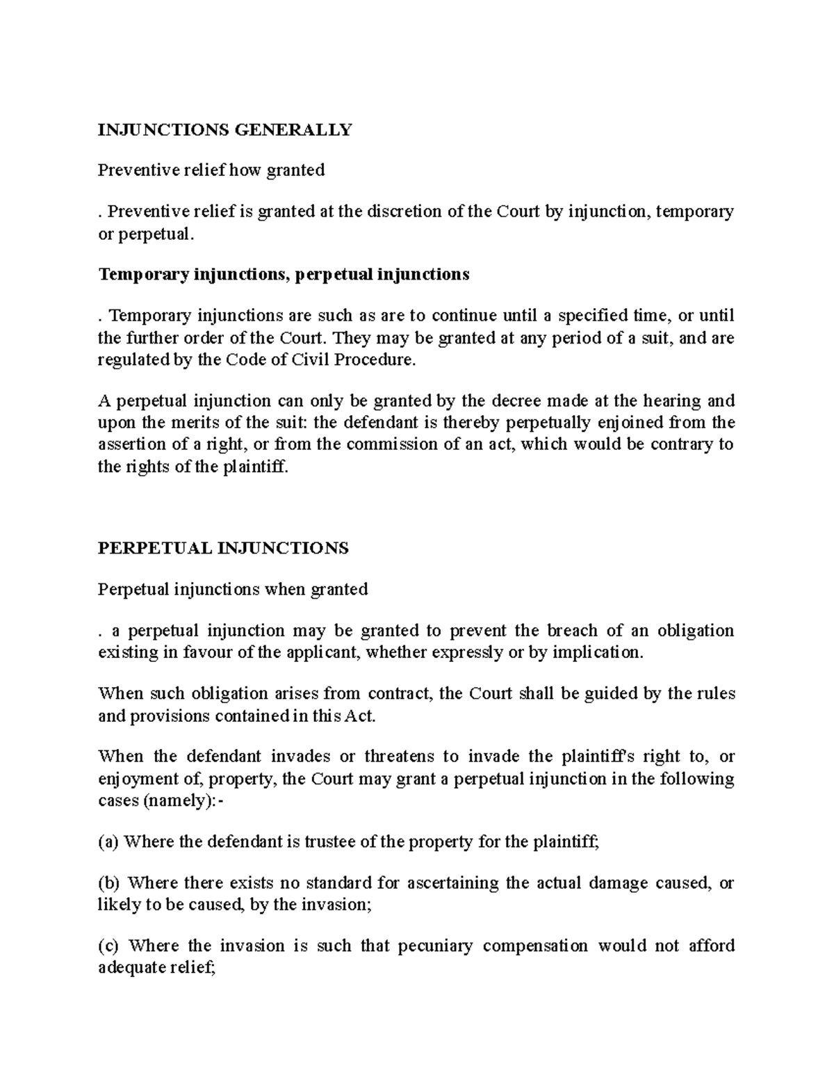 Injunctions Generall 1 - INJUNCTIONS GENERALLY Preventive relief how ...