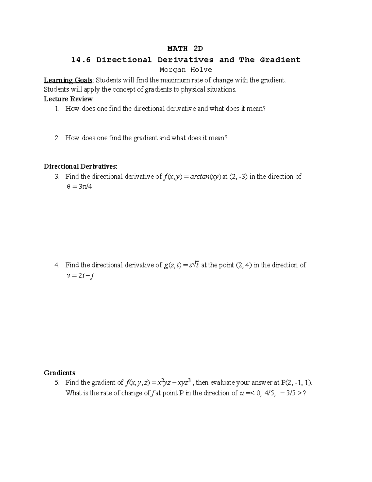 14.6 Directional Derivatives And The Gradient - MATH 2D 14 Directional ...