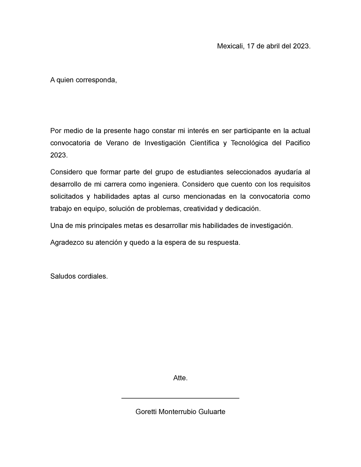 Carta comunicacion - Mexicali, 17 de abril del 2023. A quien ...