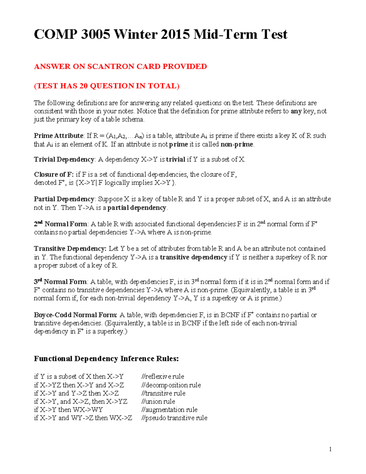 Exam 5 March 2015, Questions And Answers, Midterm - COMP 3005 Winter ...