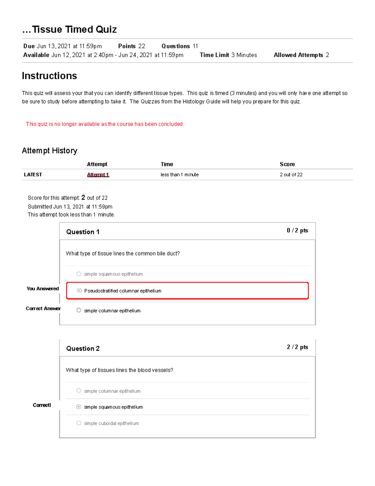 Tissue Timed Quiz - .. Timed Quiz Due Jun 13, 2021 at 11:59pm Points 22 ...