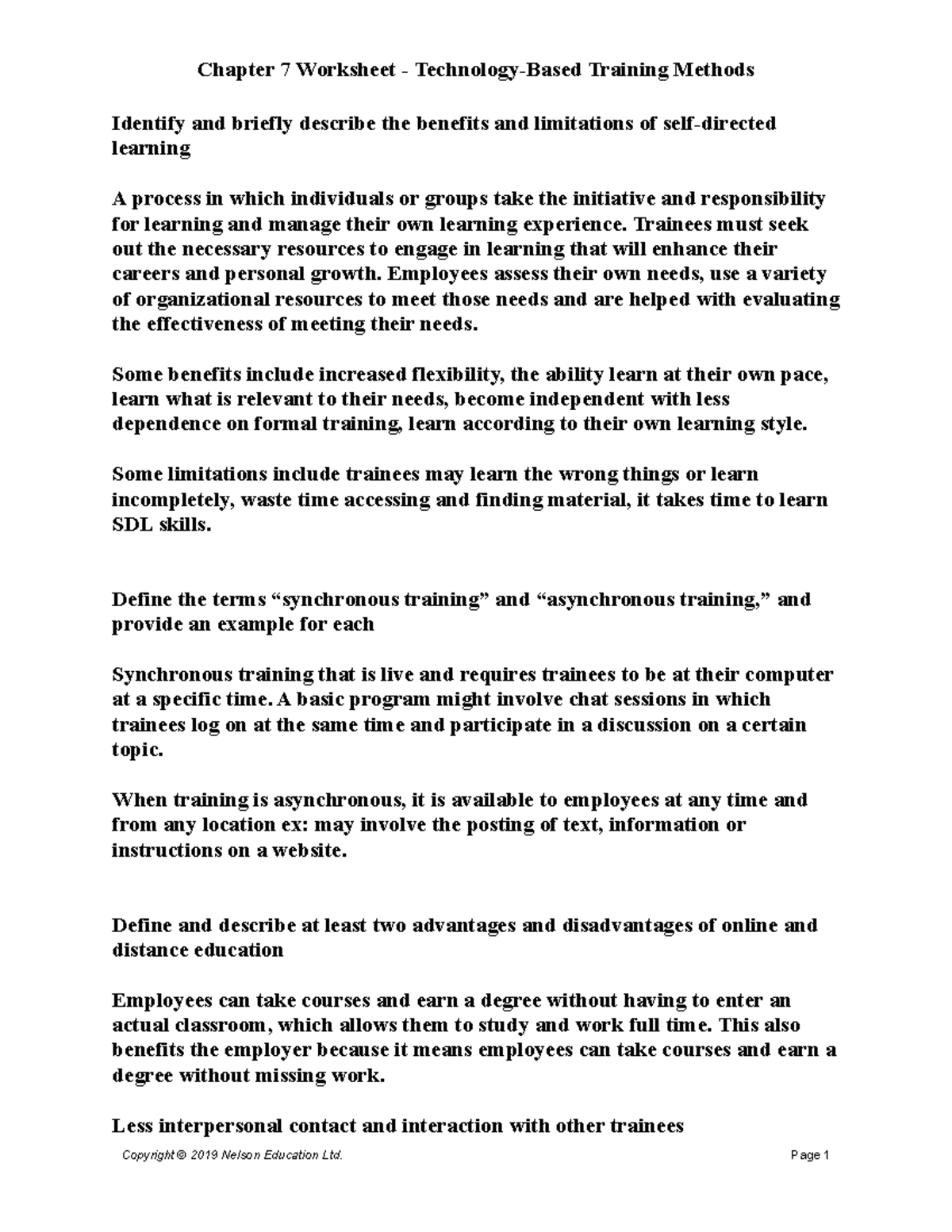 Chapter 7 Worksheet - Chapter 7 Worksheet - Technology-Based Training ...