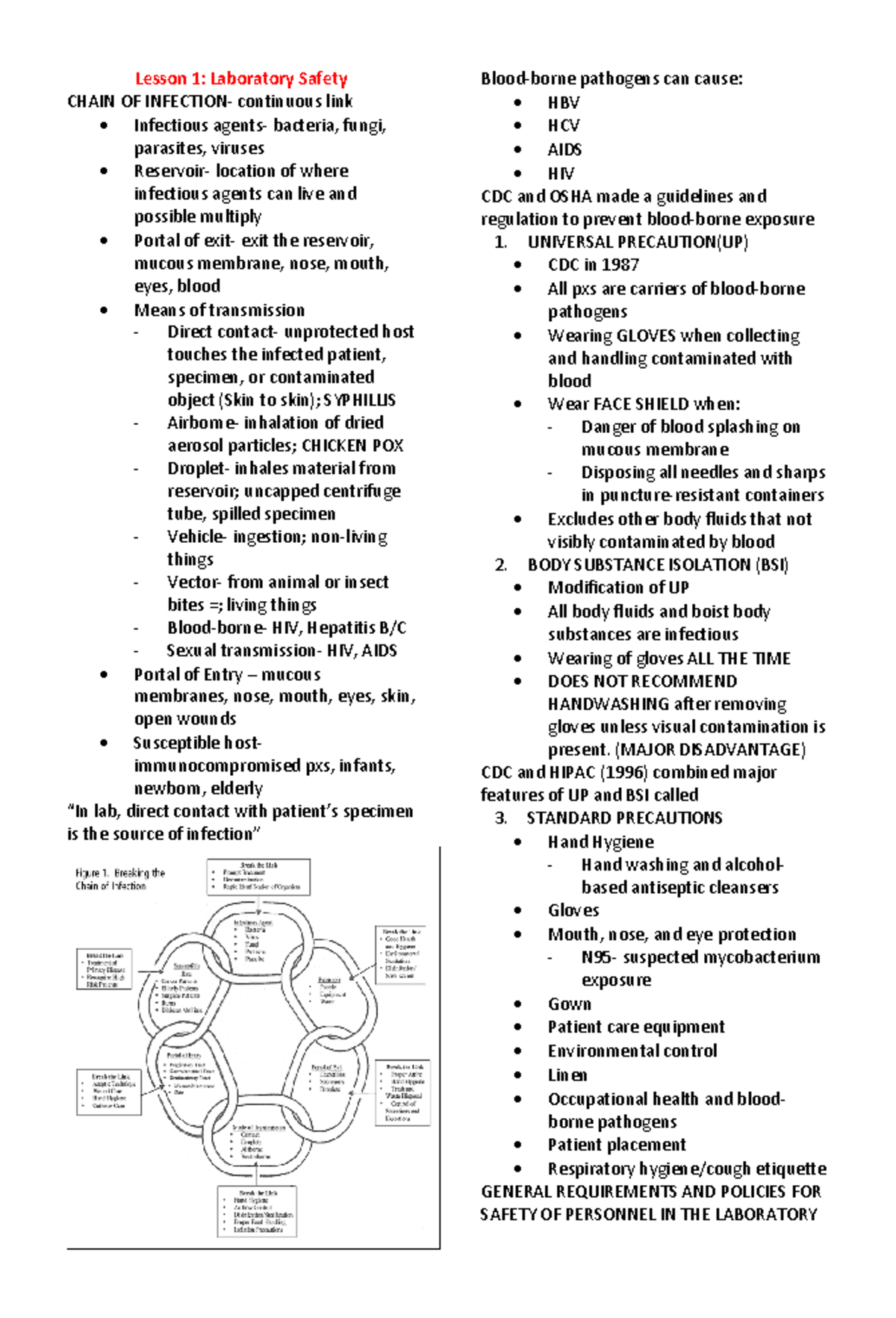 AUBF LAB Summary - LECTURE NOTES - Lesson 1: Laboratory Safety CHAIN OF ...