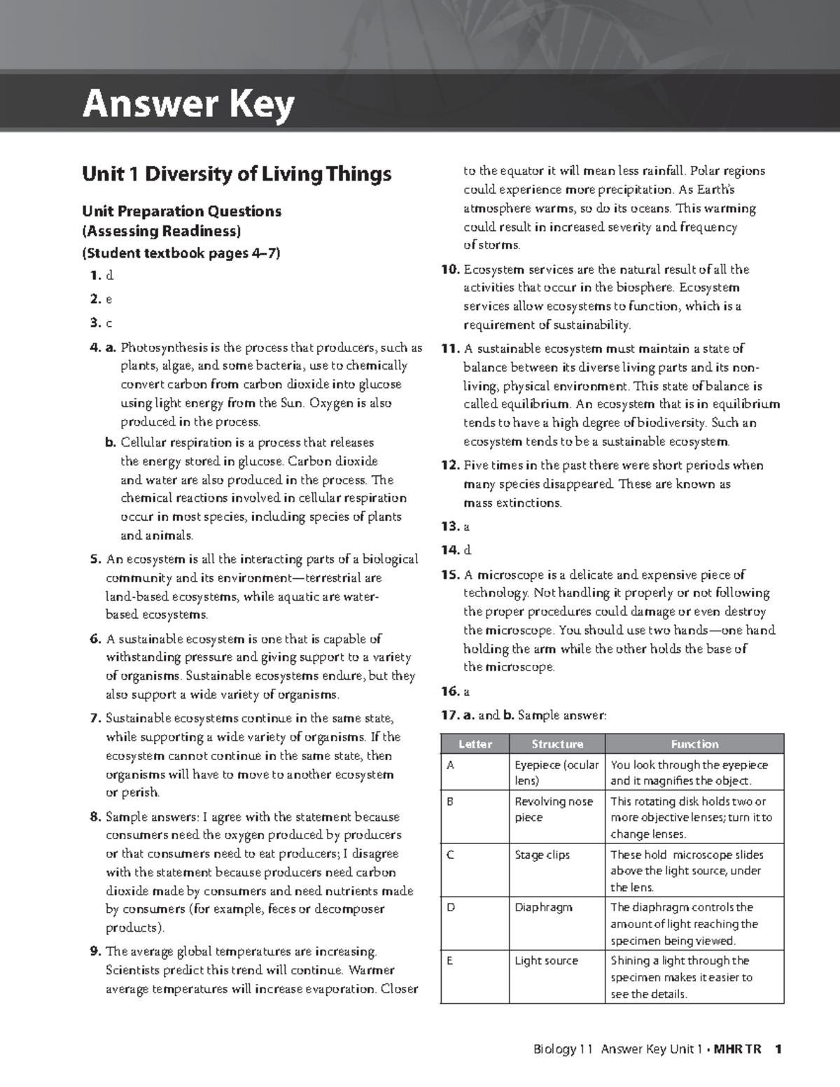 Answer Key Unit 1 Diversity of Living Things - Biology 11 Answer Key ...
