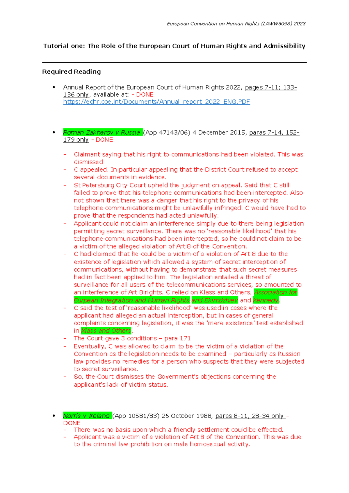 Tutorial 1 - ECHR - Tutorial one: The Role of the European Court of ...
