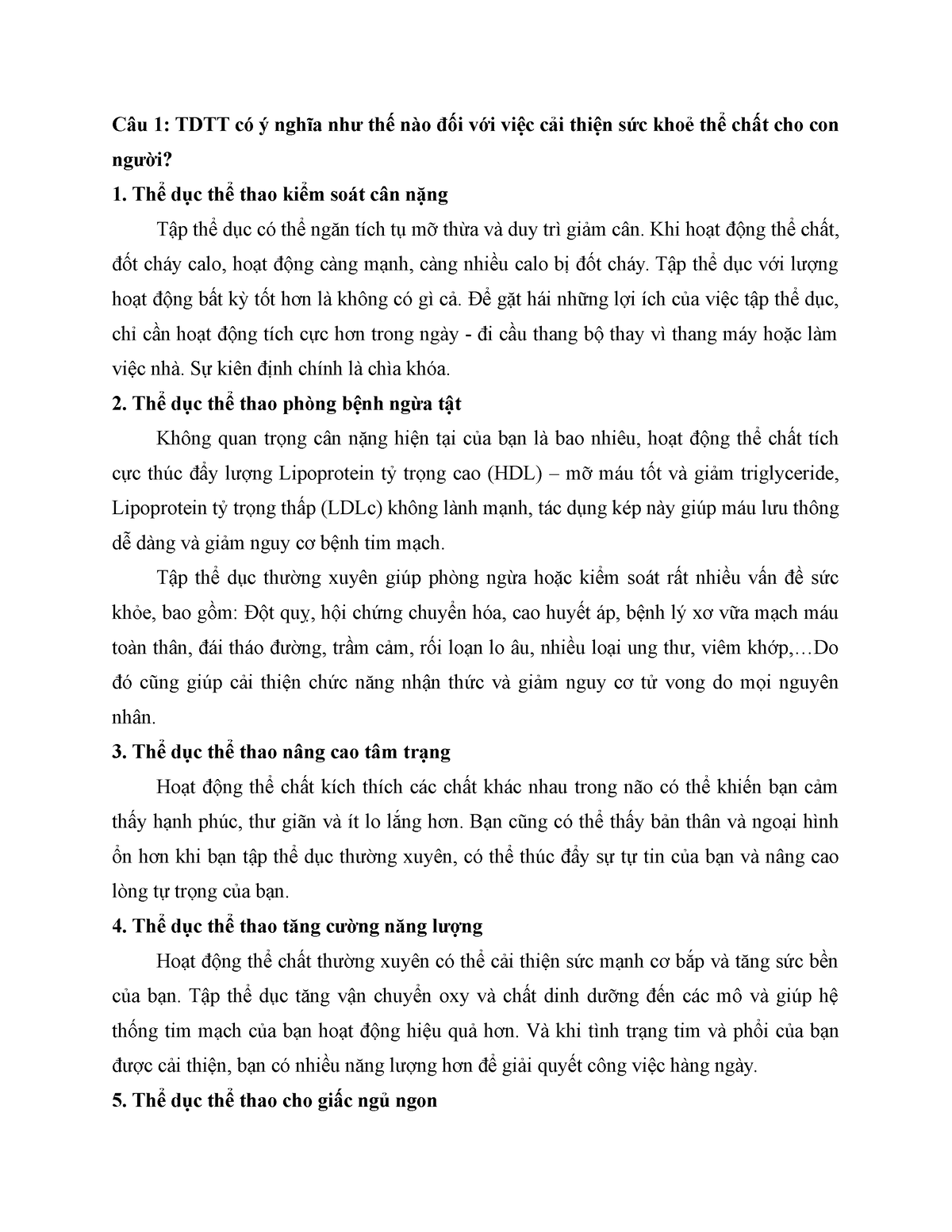 Bài giảng, trả lời câu hỏi về Thể Dục Thể Thao - **Câu 1: TDTT có ý nghĩa như thế nào đối với việc - Studocu