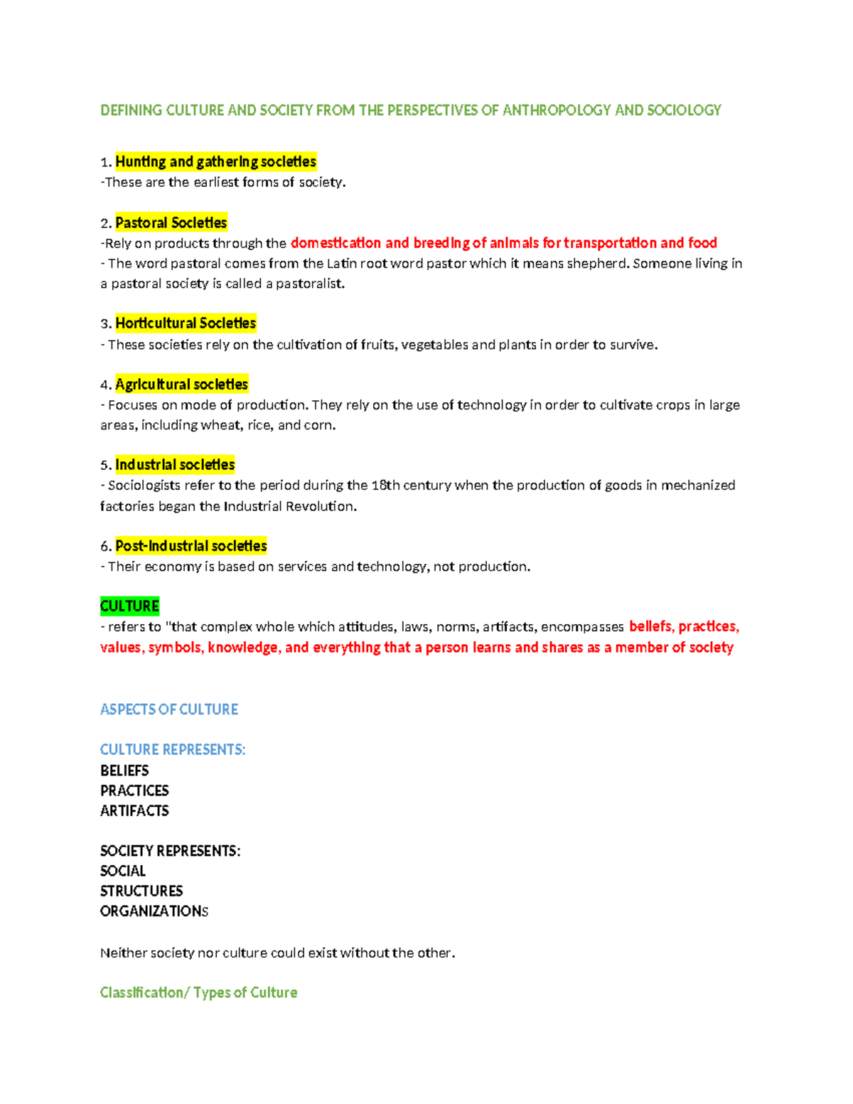 Ucsp reviewer - DEFINING CULTURE AND SOCIETY FROM THE PERSPECTIVES OF ...