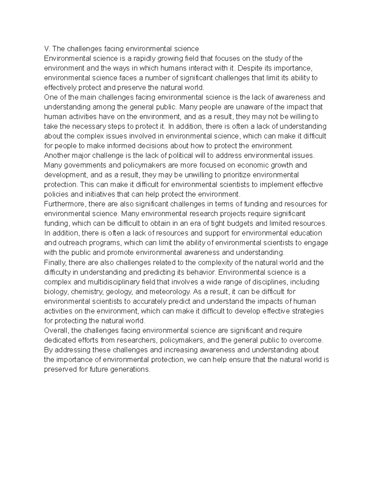 V. The challenges facing environmental science - V. The challenges ...