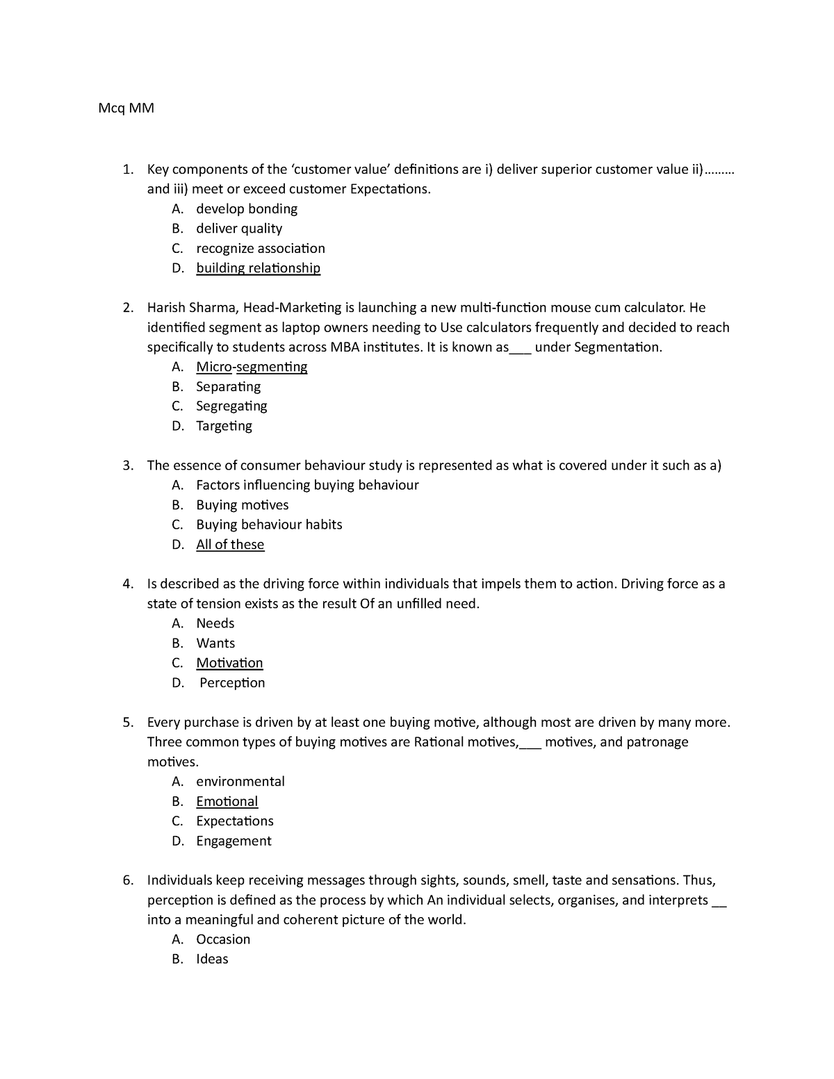 MCQ MM - Mcq MM 1. Key components of the ‘customer value’ definitions ...