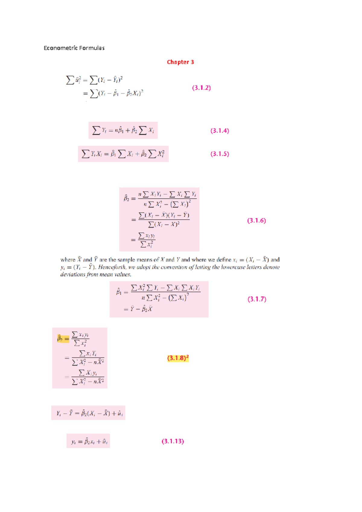 Econometric Formulas - Econometric Formulas Chapter 3 Chapter 11 ...