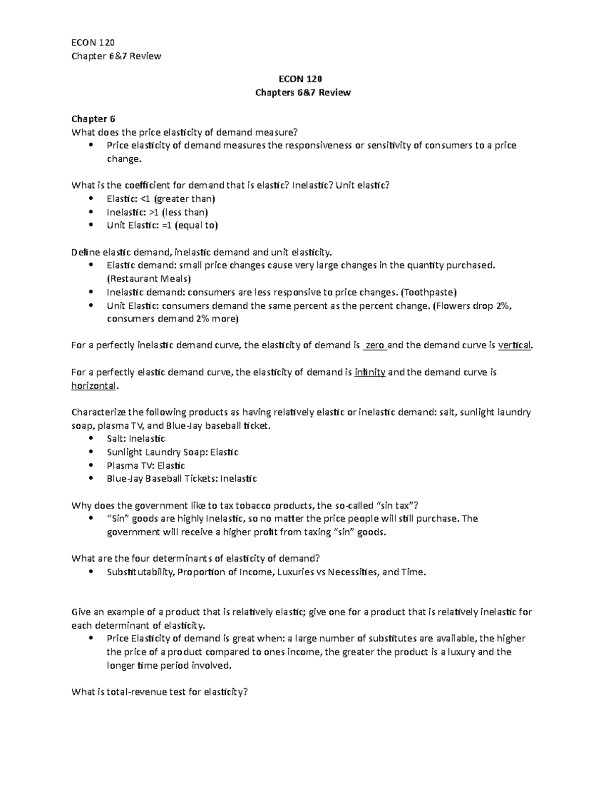 ECON Chapter 6 7 Review - ECON 120 Chapter 6&7 Review ECON 120 Chapters ...