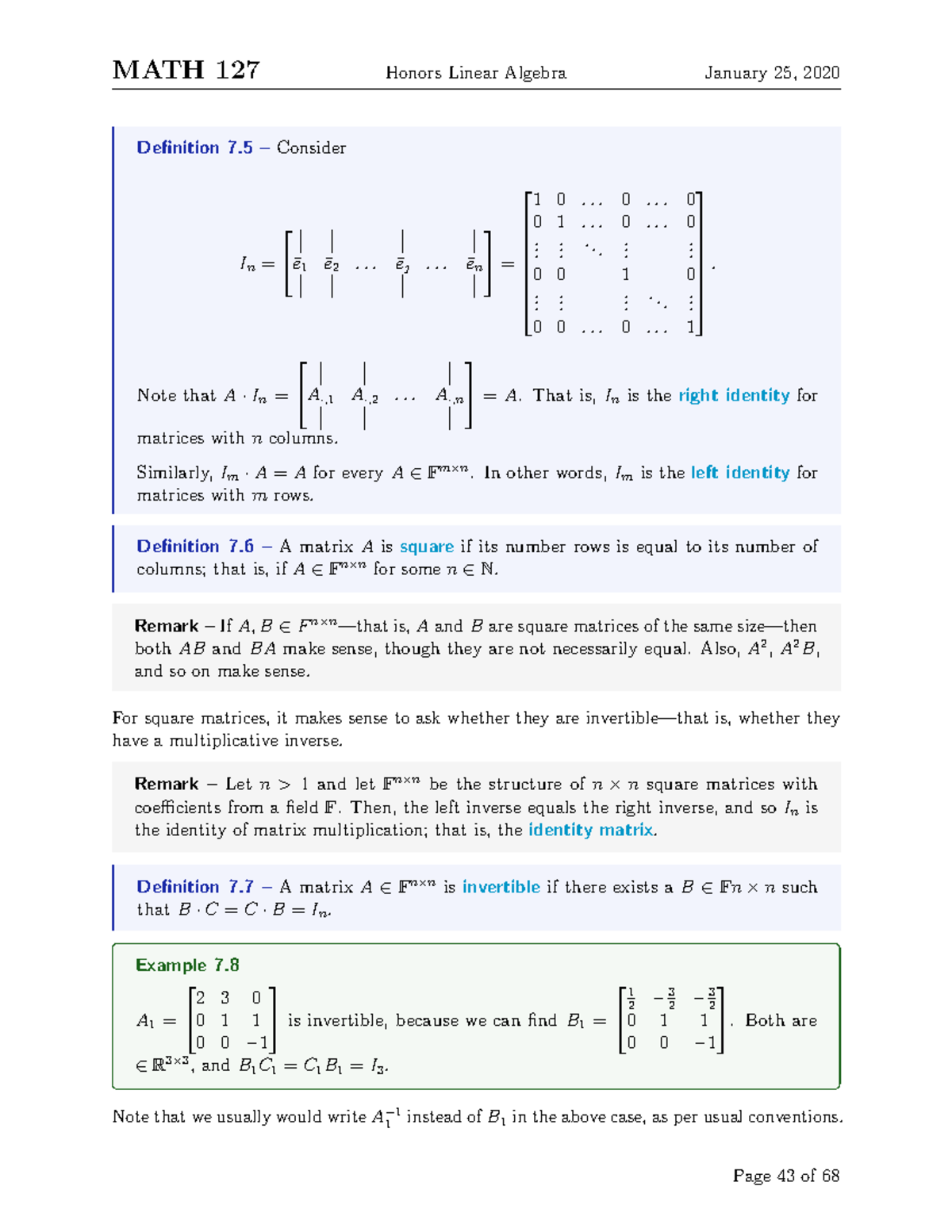 MATH 235-43 - Lecture notes 43 - MATH 127 Honors Linear Algebra January ...