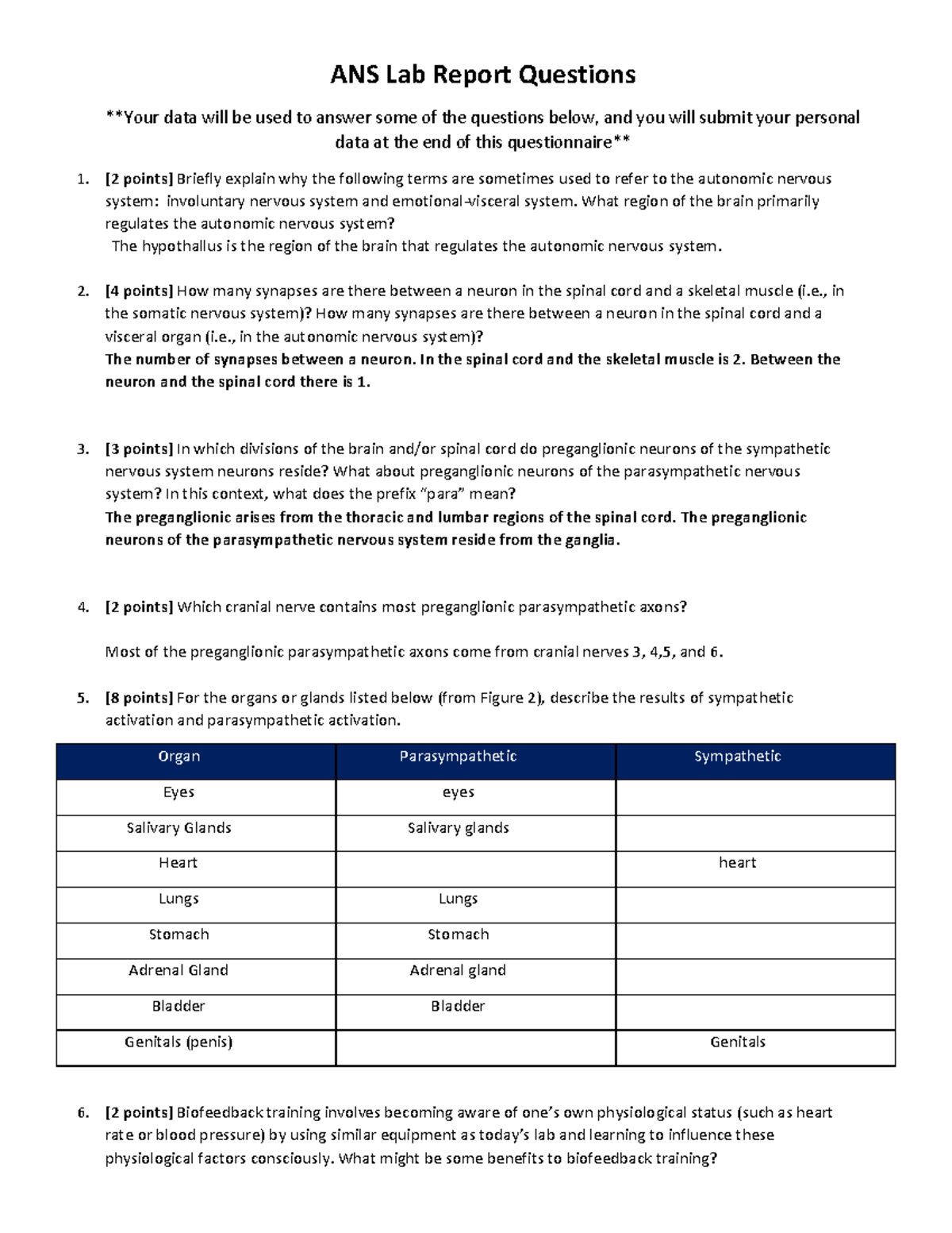 ANS Lab Report Questions ANS Lab Report Questions **Your data will