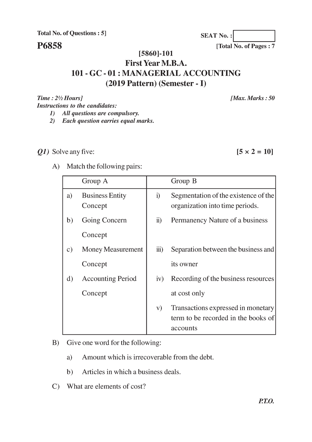 M.B.A ( 2019 Pattern ) - [5860]-101 1 Total No. Of Questions : 5] [5860 ...