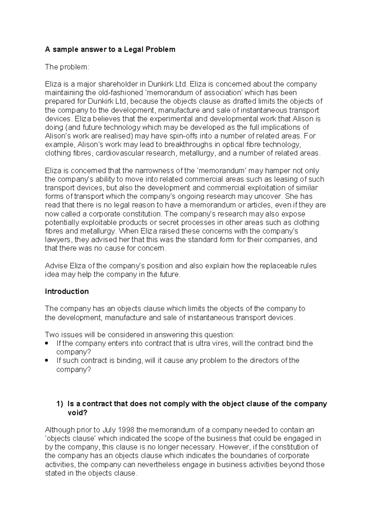 A sample answer to a Legal Problem - Eliza is concerned about the ...