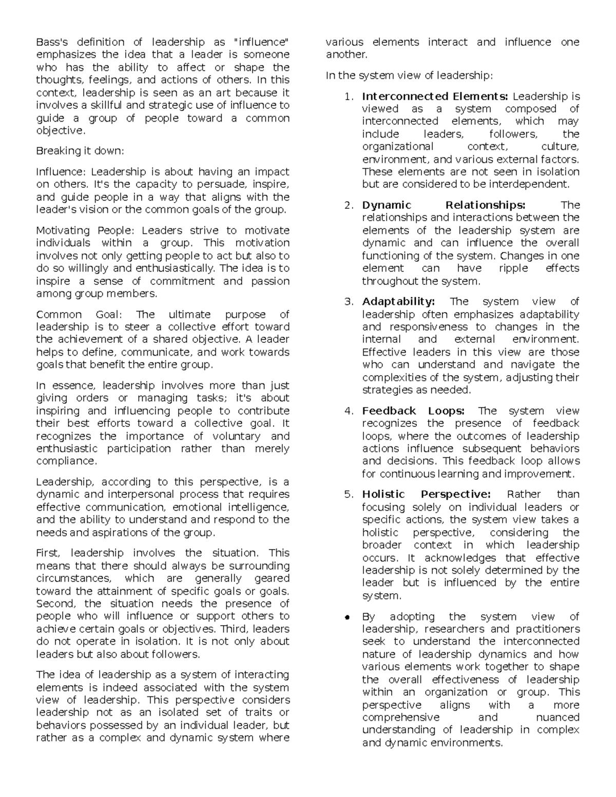 Leadership Bass's definition of leadership as "influence" emphasizes