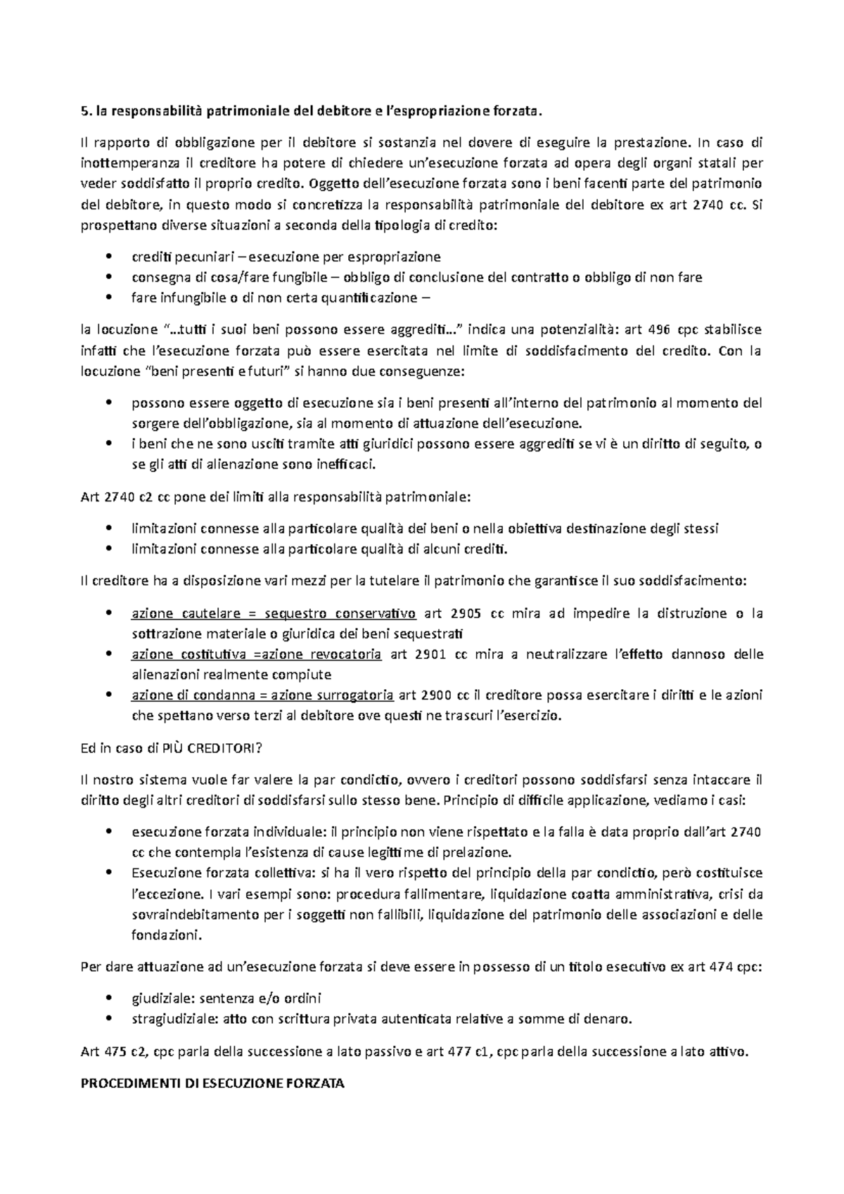 Sezione II - riassunto su esecuzione forzata, responsabilità ...