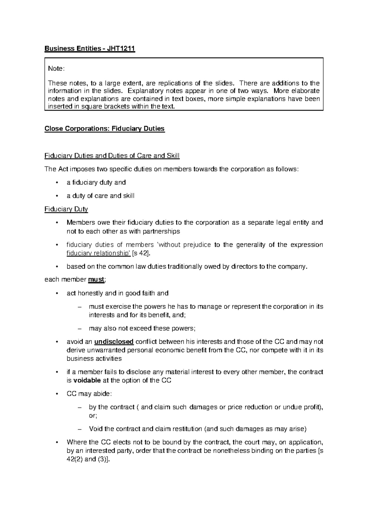 3 Fiduciary Duties Notes - Business Entities - JHT Note: These notes ...
