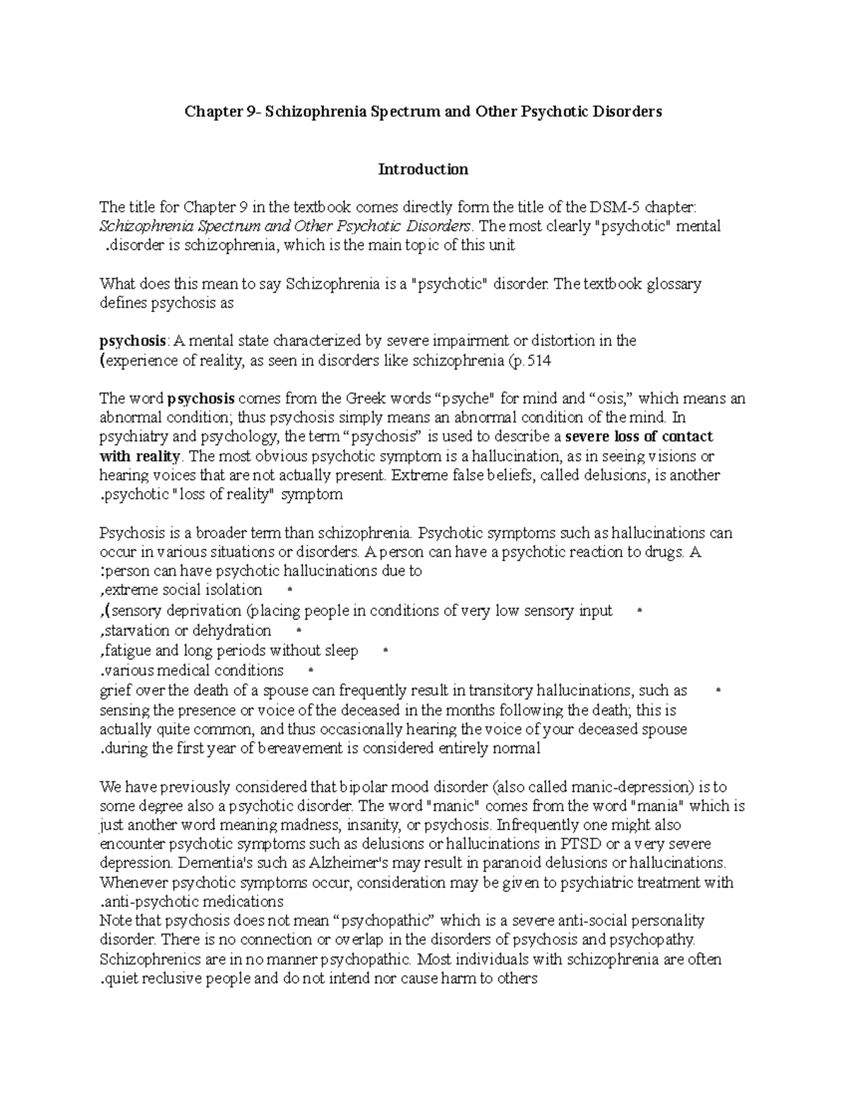 Unit 8 - Psychotic Disorders and Schizophrenia - Chapter 9 ...