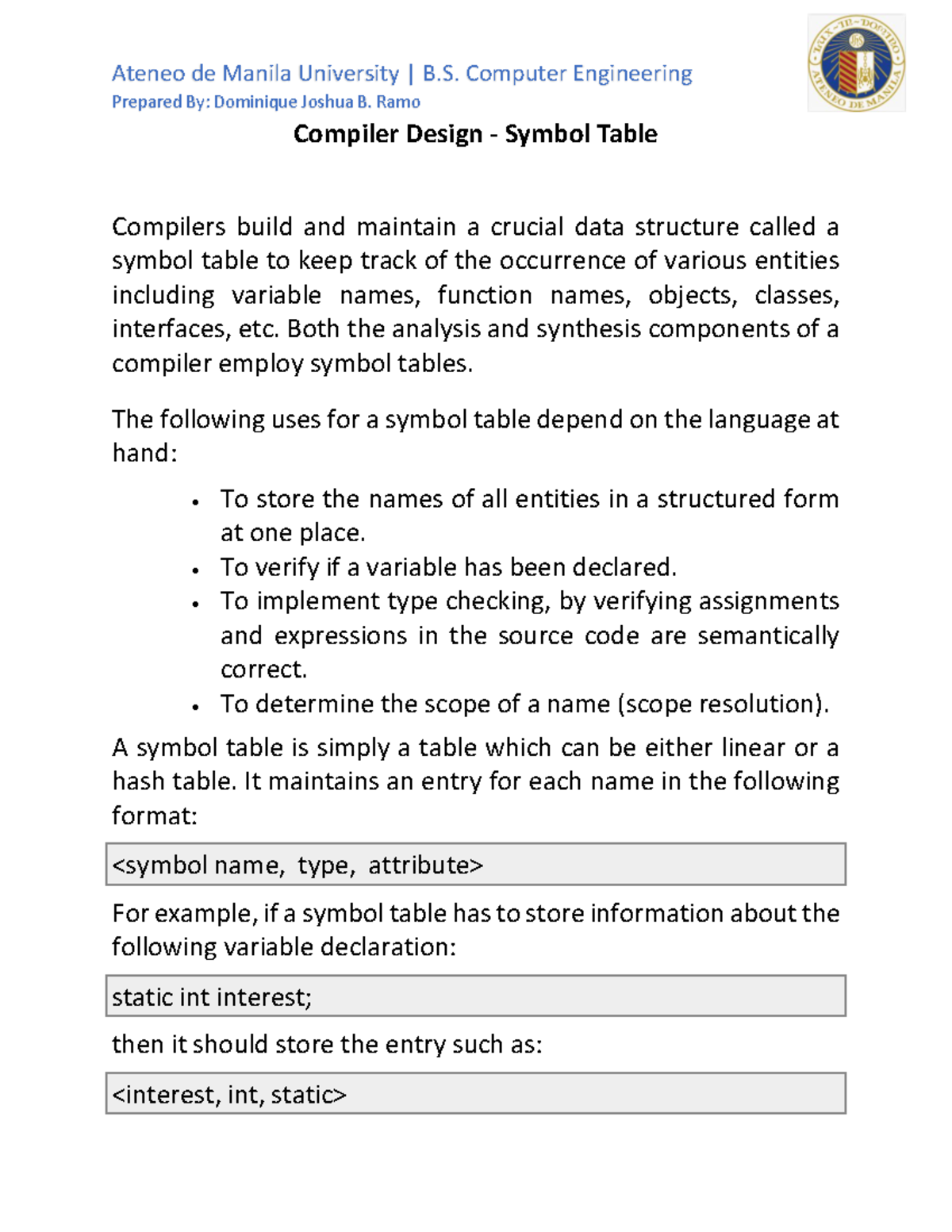 Study Guide - Compiler Design - Symbol Table - Prepared By: Dominique ...