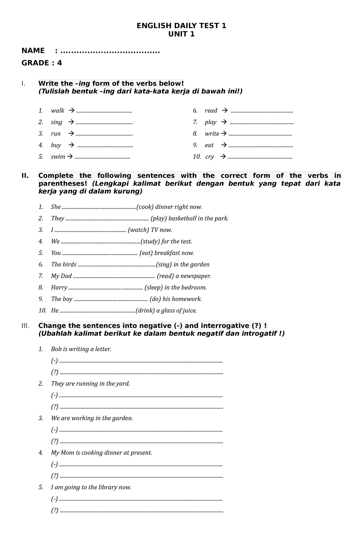 UH B. Inggris kls 4 unit 1 - ENGLISH DAILY TEST 1 UNIT 1 NAME : - Studocu