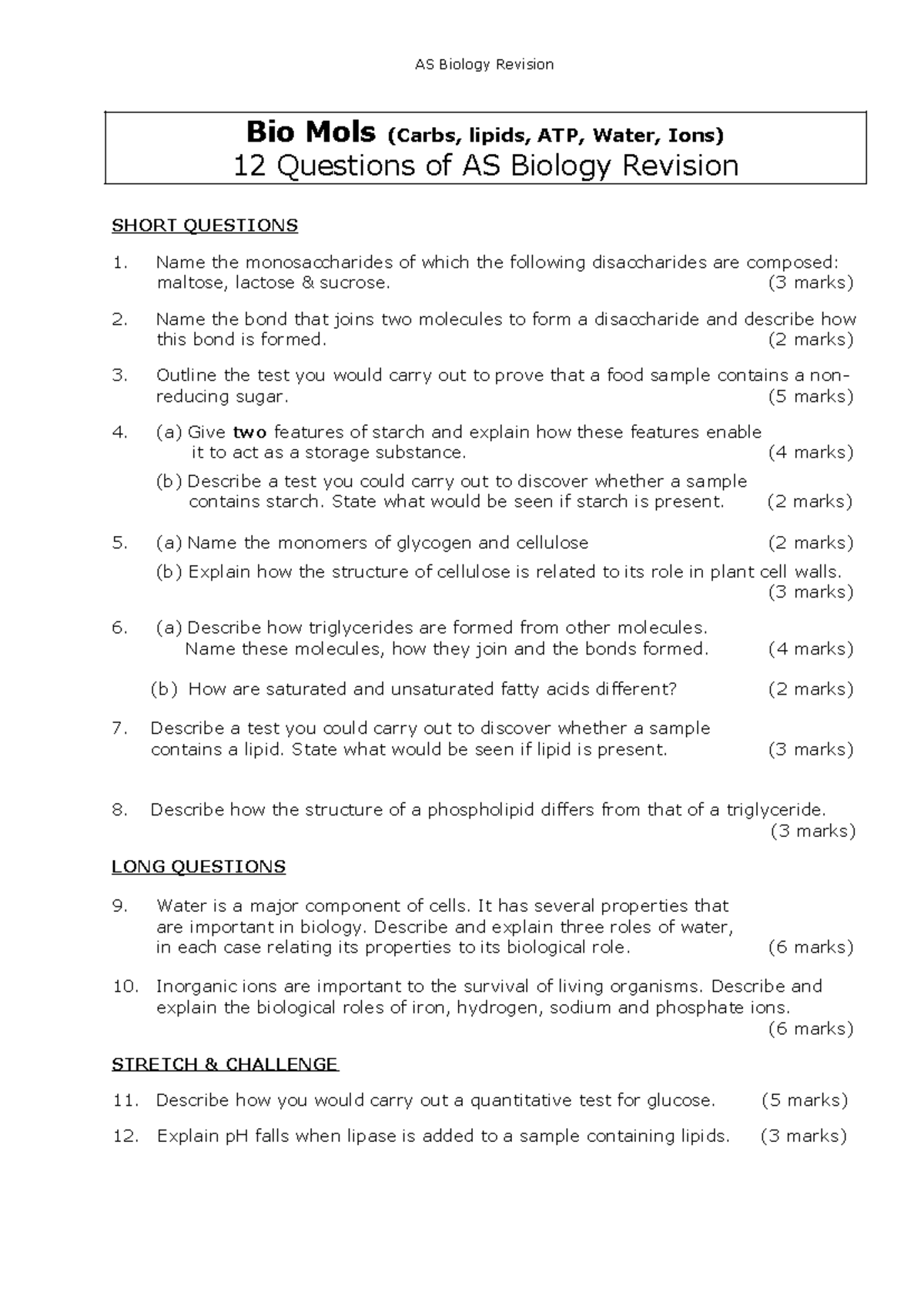 Biological molecules and cells rwevision questions - Bio Mols (Carbs ...