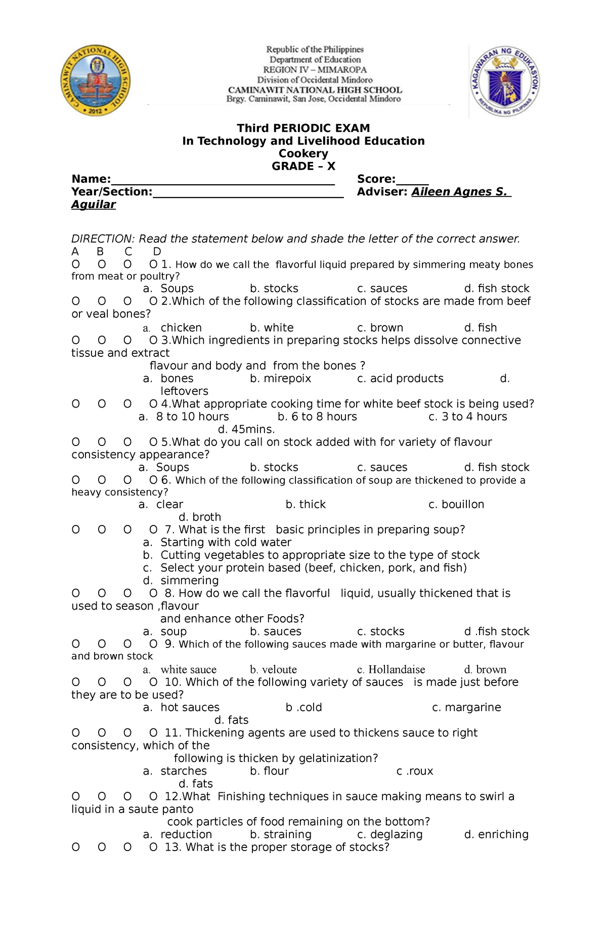 439803980 Third Periodical Test For Cookery 10 - Third Periodic Exam In 