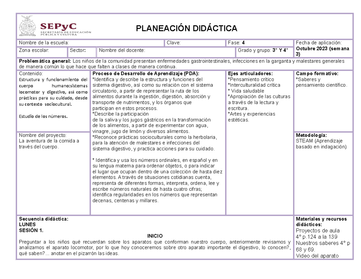 Planeación oct sem3 EJEMPLO DE PLAN DE CLASE NEM PLANEACIÓN