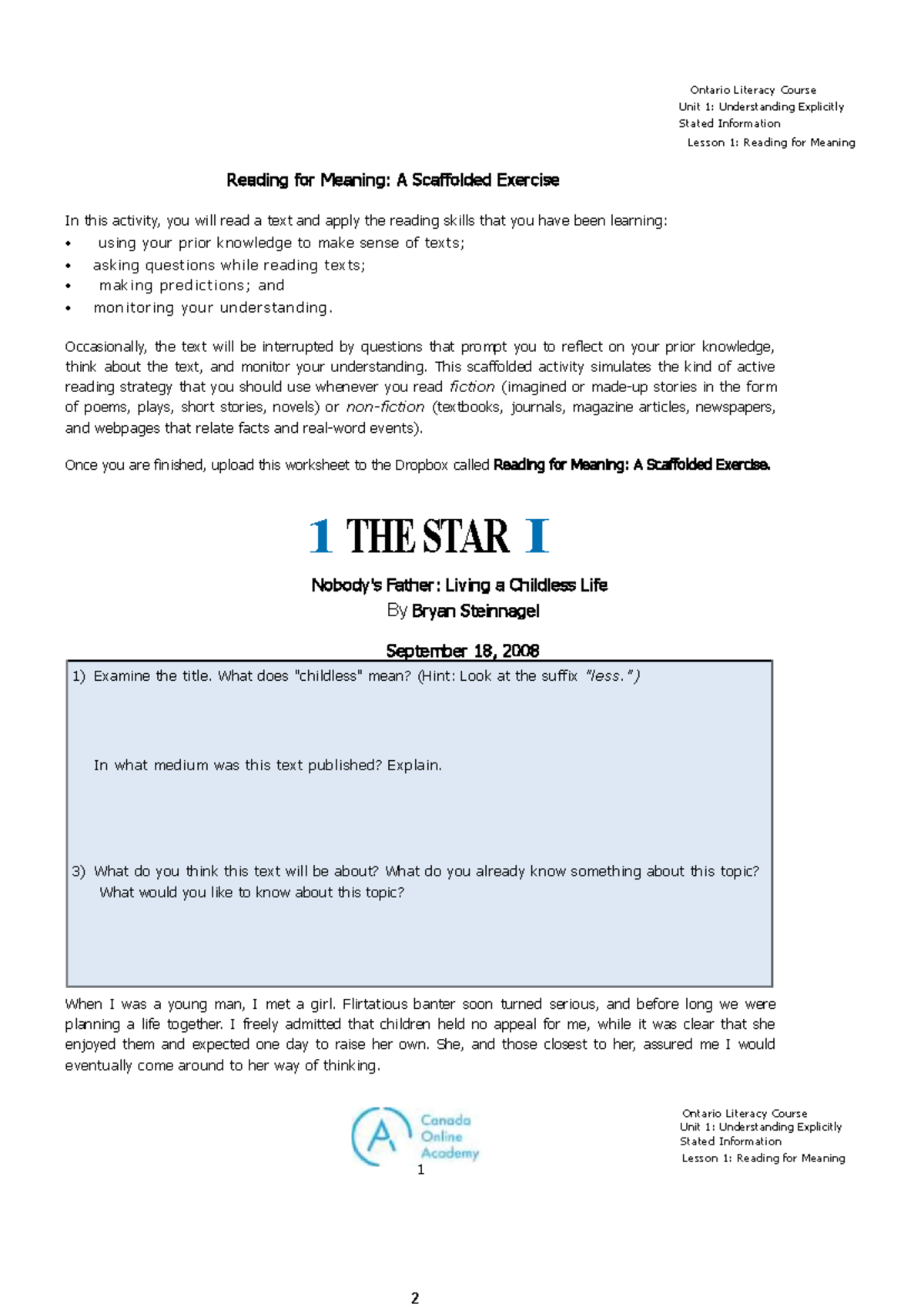 1.5 Reading for Meaning A Scaffolded Exercise - Dropbox - Ontario ...