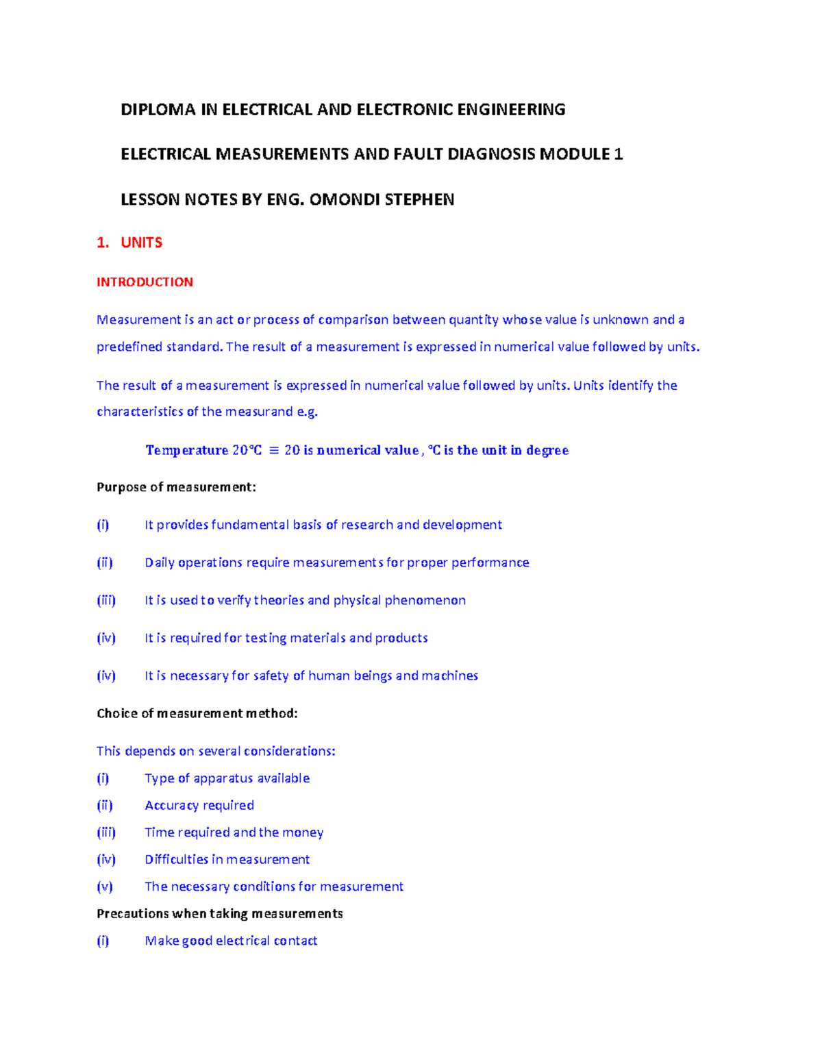 Electrical Measurements and Fault Diagnosis Notes - DIPLOMA IN ...