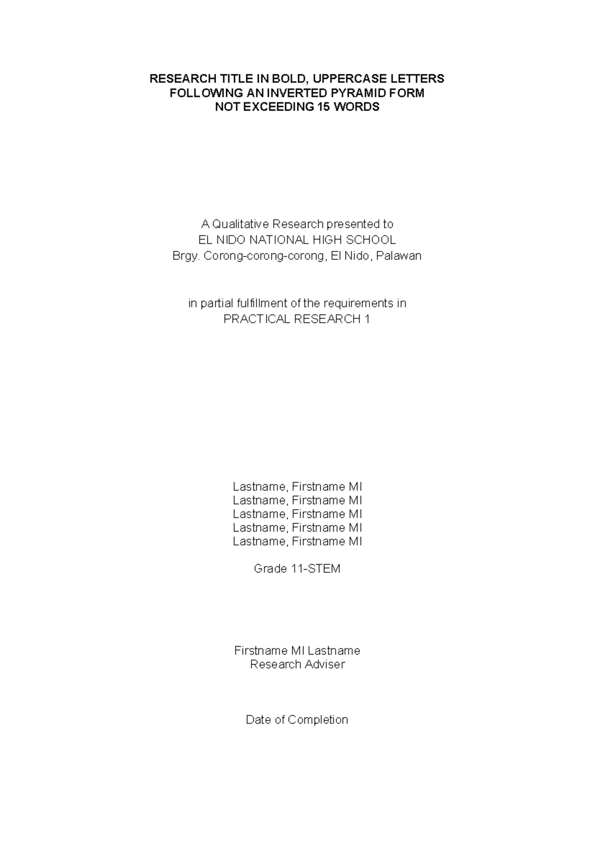 Practical Research 1 Paper Format - RESEARCH TITLE IN BOLD, UPPERCASE ...