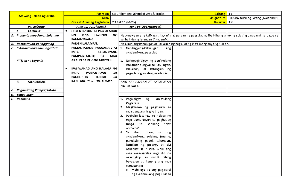 SHS DLL - LESSON PLAN - Arawang Talaan ng Aralin Paaralan Sta. Filomena ...
