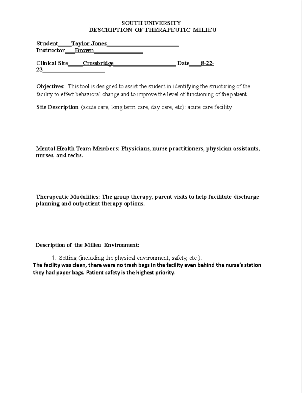 Description of Therapeutic Milieu 6 SOUTH UNIVERSITY DESCRIPTION OF