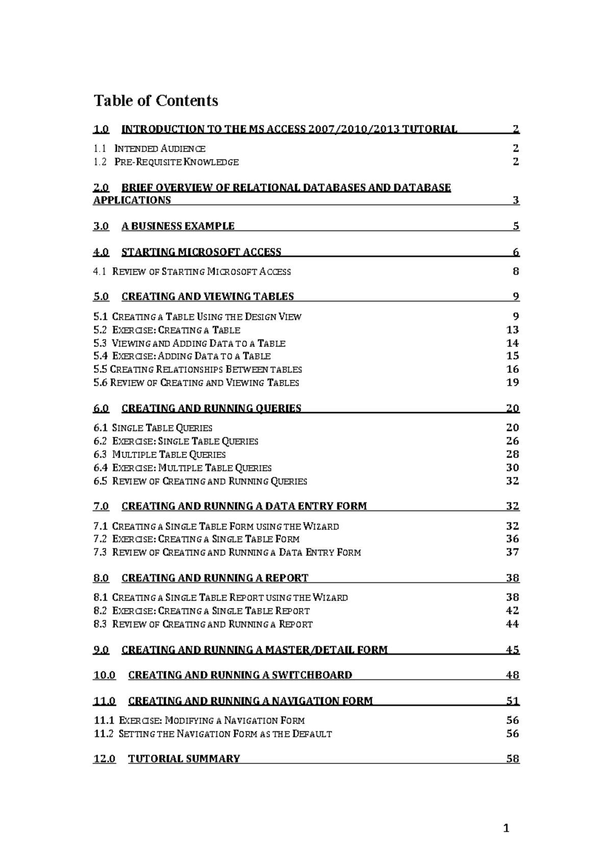 LAB Notes - Table of Contents 1 INTRODUCTION TO THE MS ACCESS 2007/2010 ...