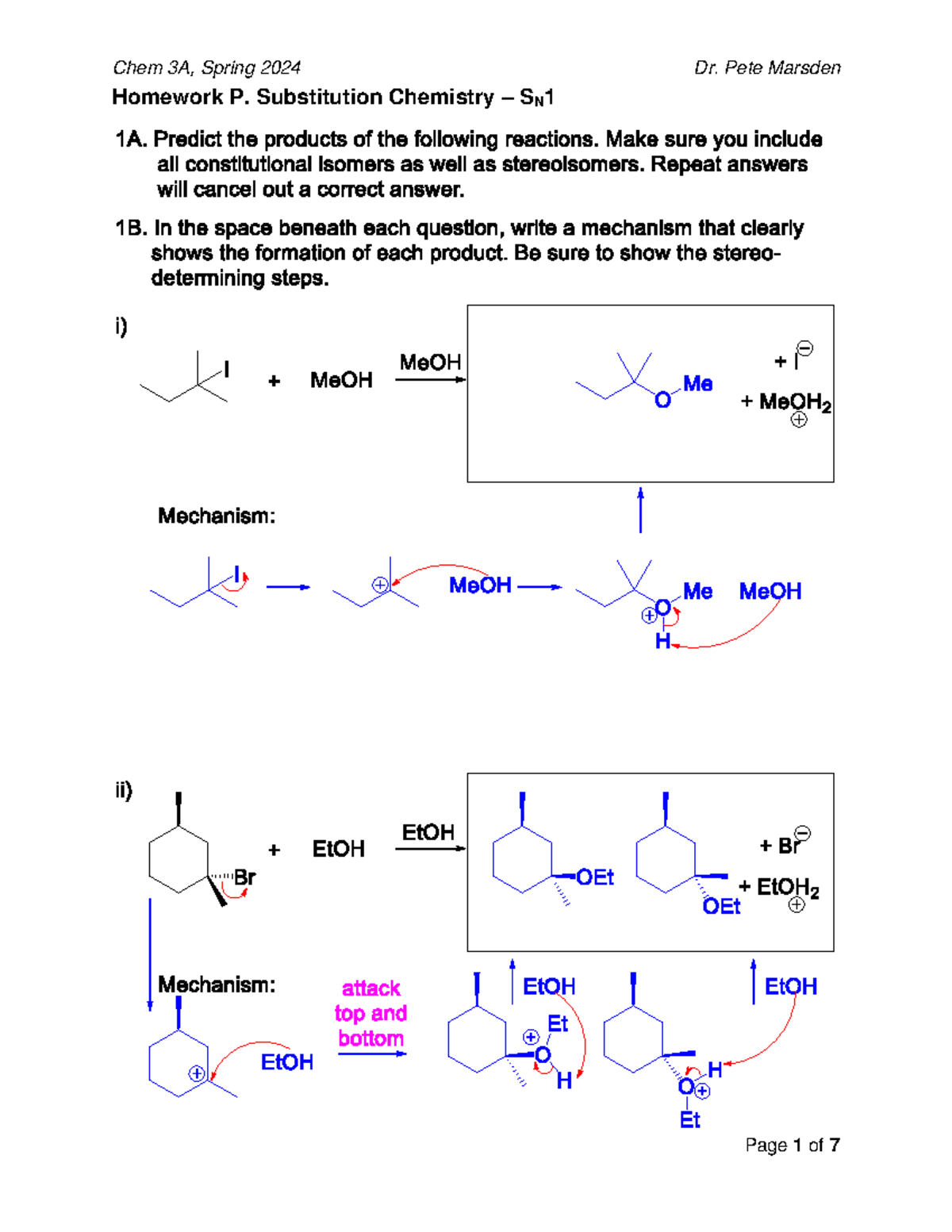 P. Substitution - SN1 (Chem 3A - Spring 2024) - Key - CHEM 1A ...