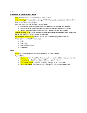 IS 303 Chapter notes - IS 303 BUSINESS INTELLIGENCE Business ...