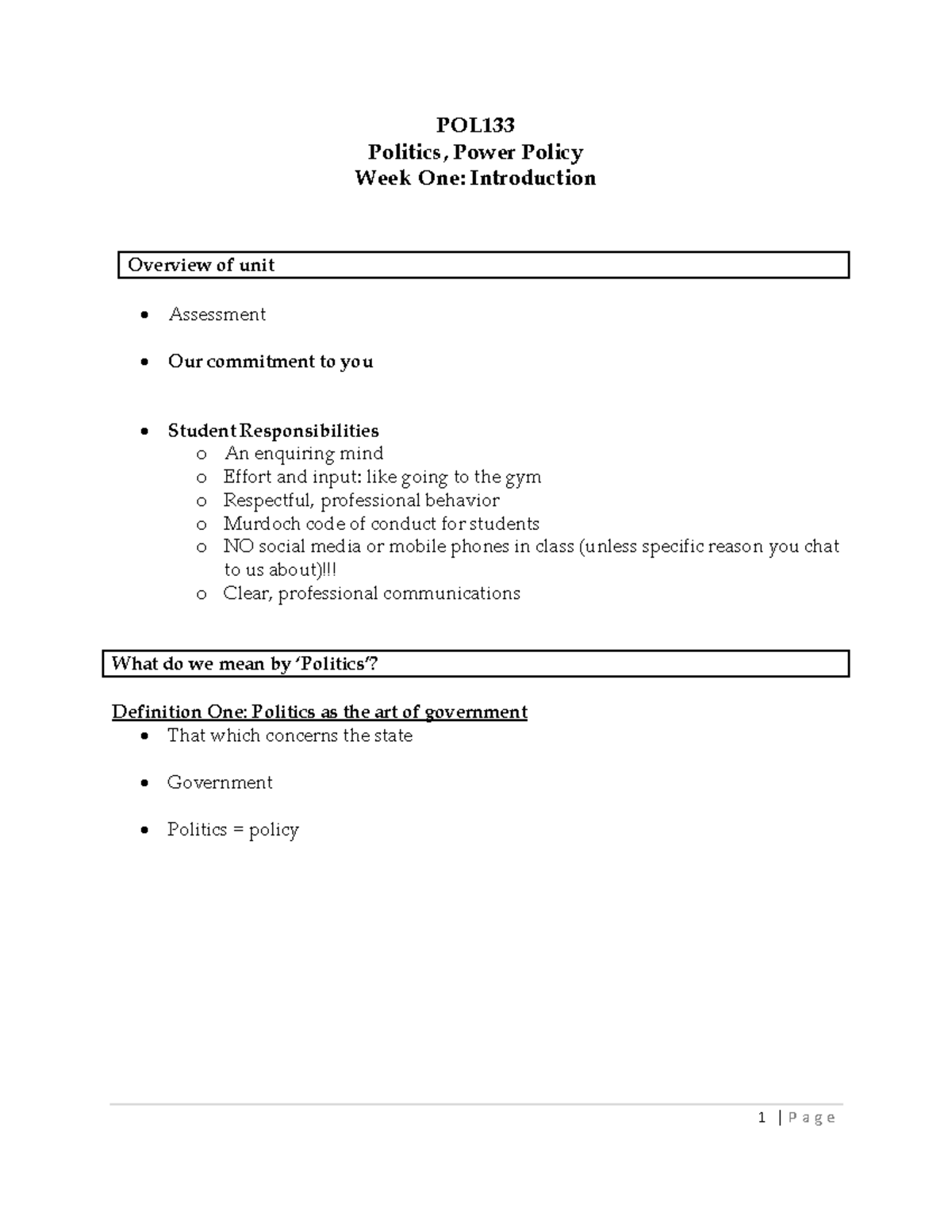 Week One Introduction to Politics lecture notes for students - POL ...