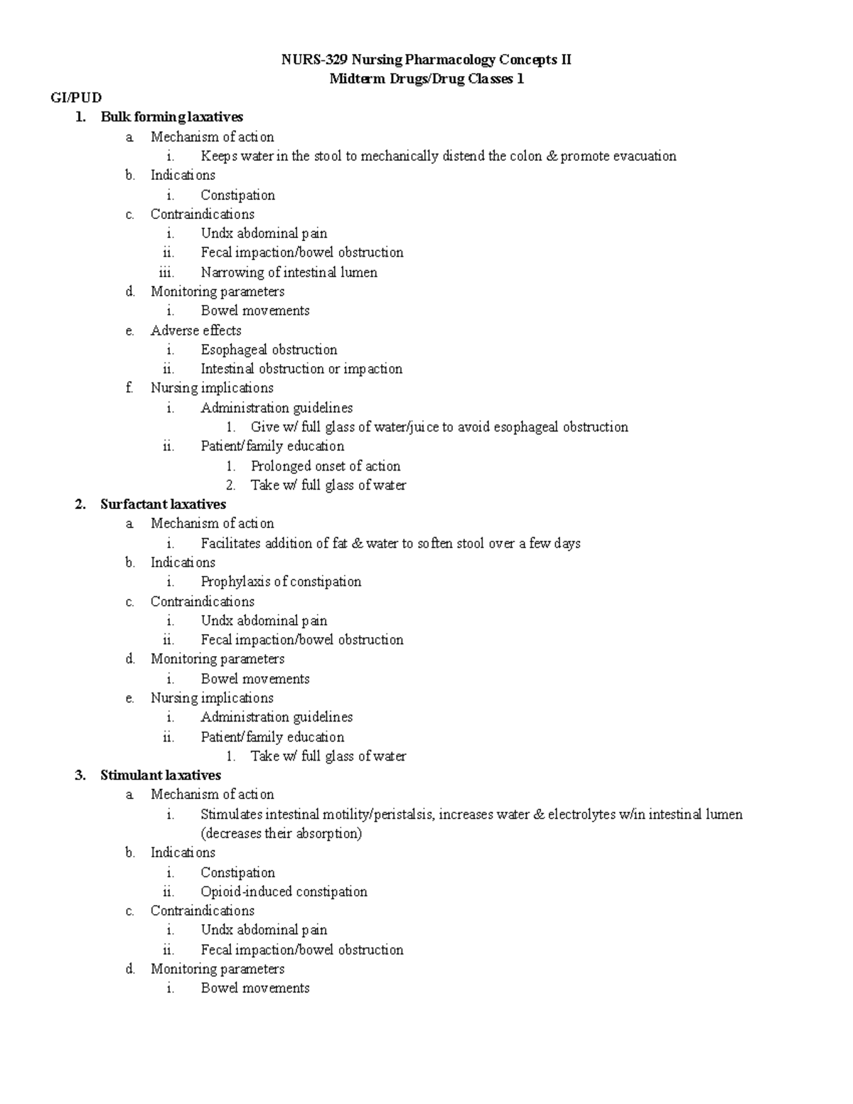 Midterm Drugs Drug Classes 1 - NURS-329 Nursing Pharmacology Concepts ...