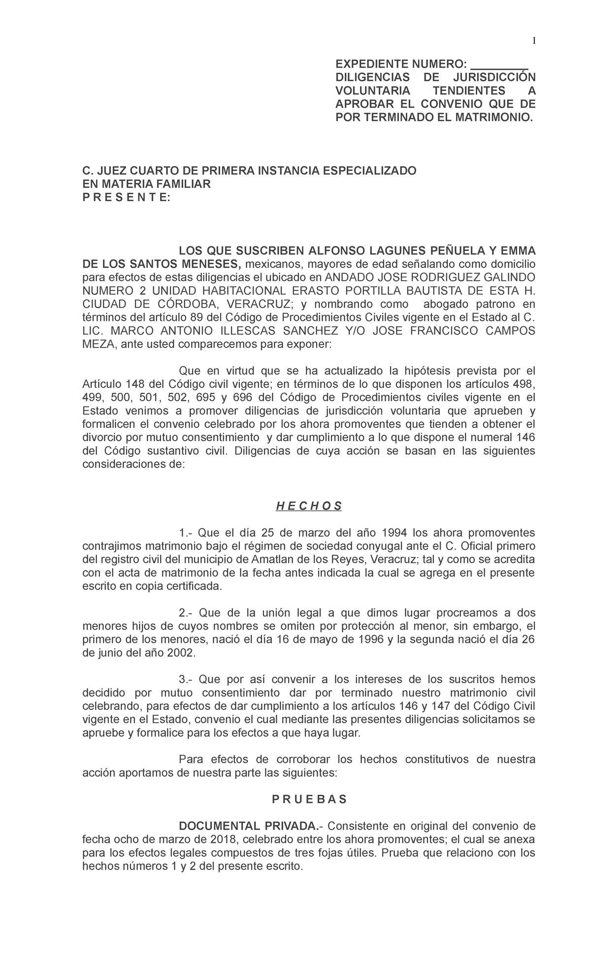 Convenio de Divorcio Voluntario para dar por terminado el matrimonio y ...