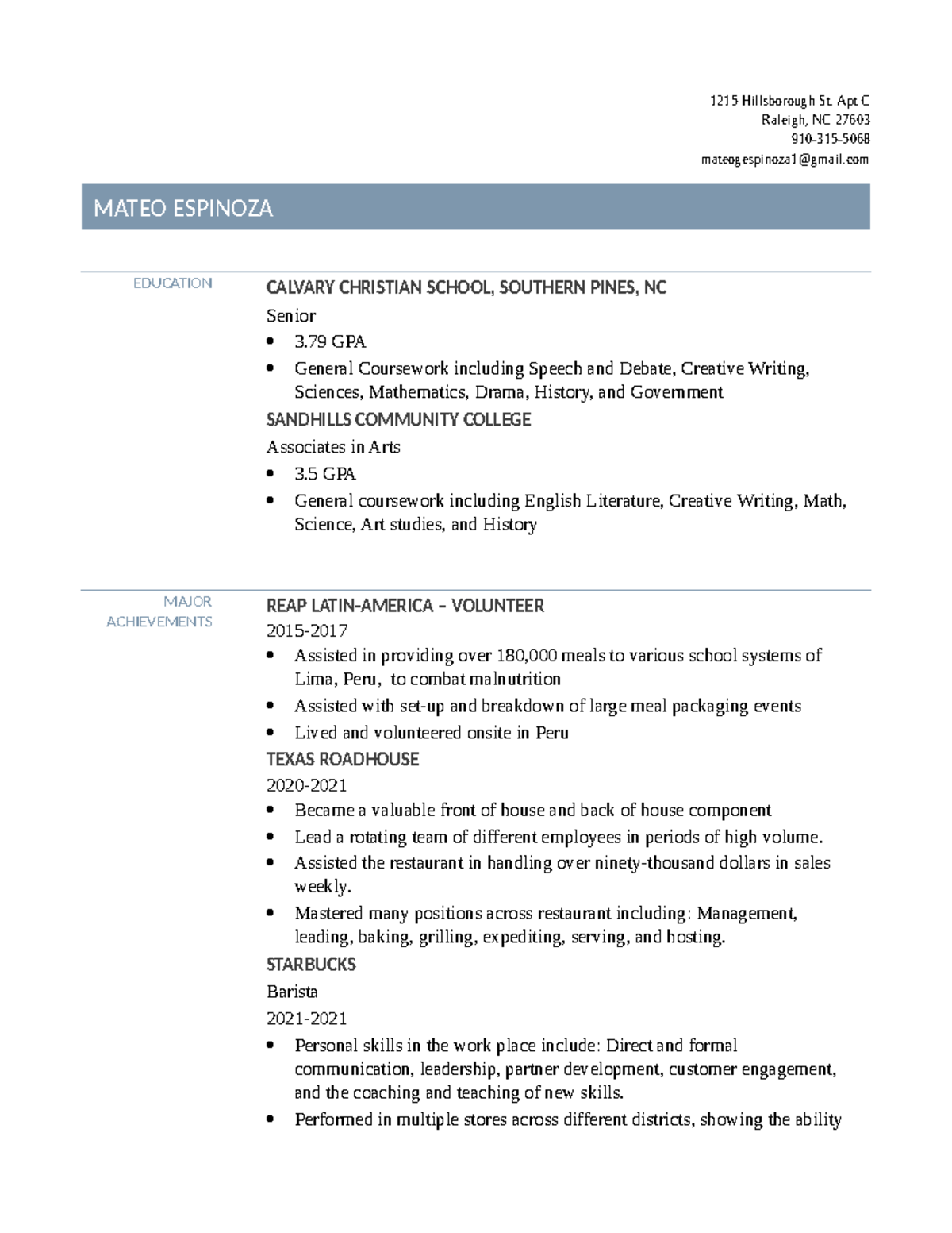 Resume+Mateo+Espinoza - 1215 Hillsborough St. Apt C Raleigh, NC 27603 ...