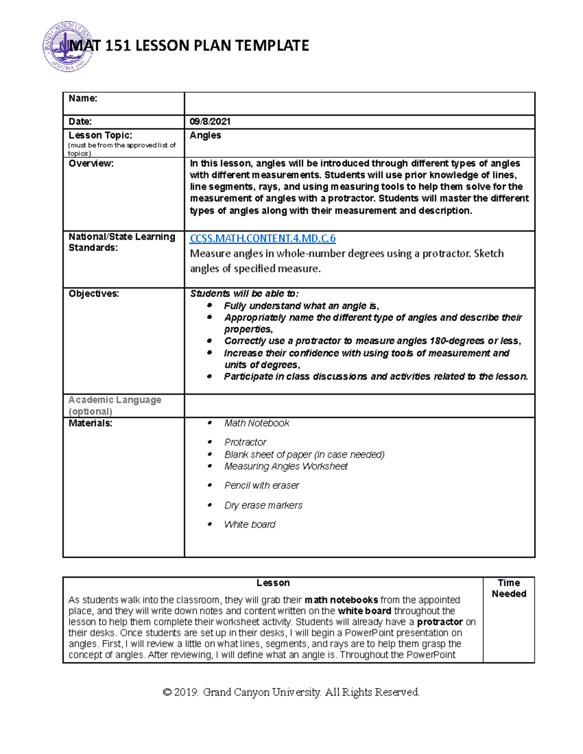 Week 7 Final Lesson Plan - MAT 151 LESSON PLAN TEMPLATE Name: Date: 09 ...