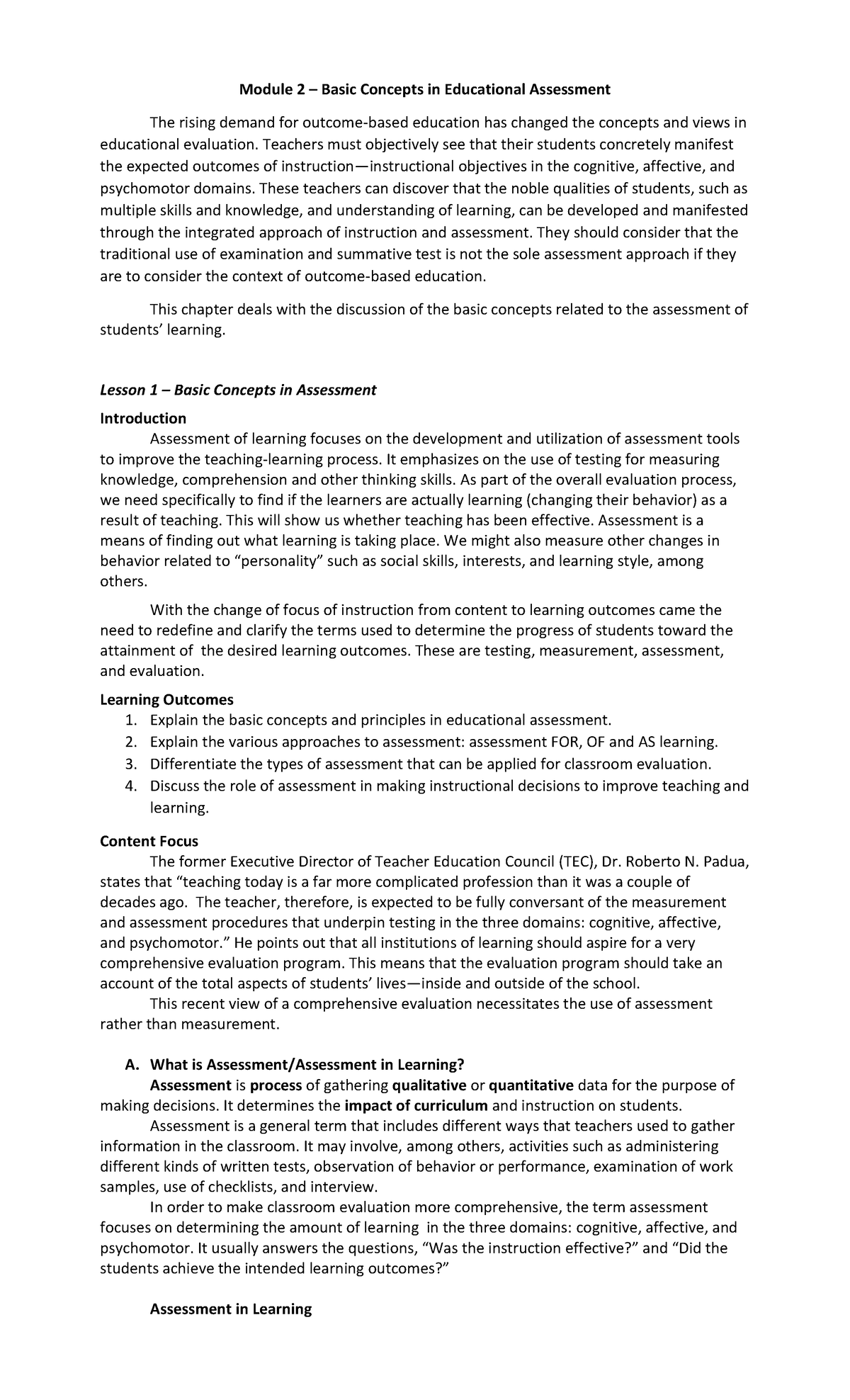 Module 2- Lesson 1 Basic Concepts in Educational Assessment ...