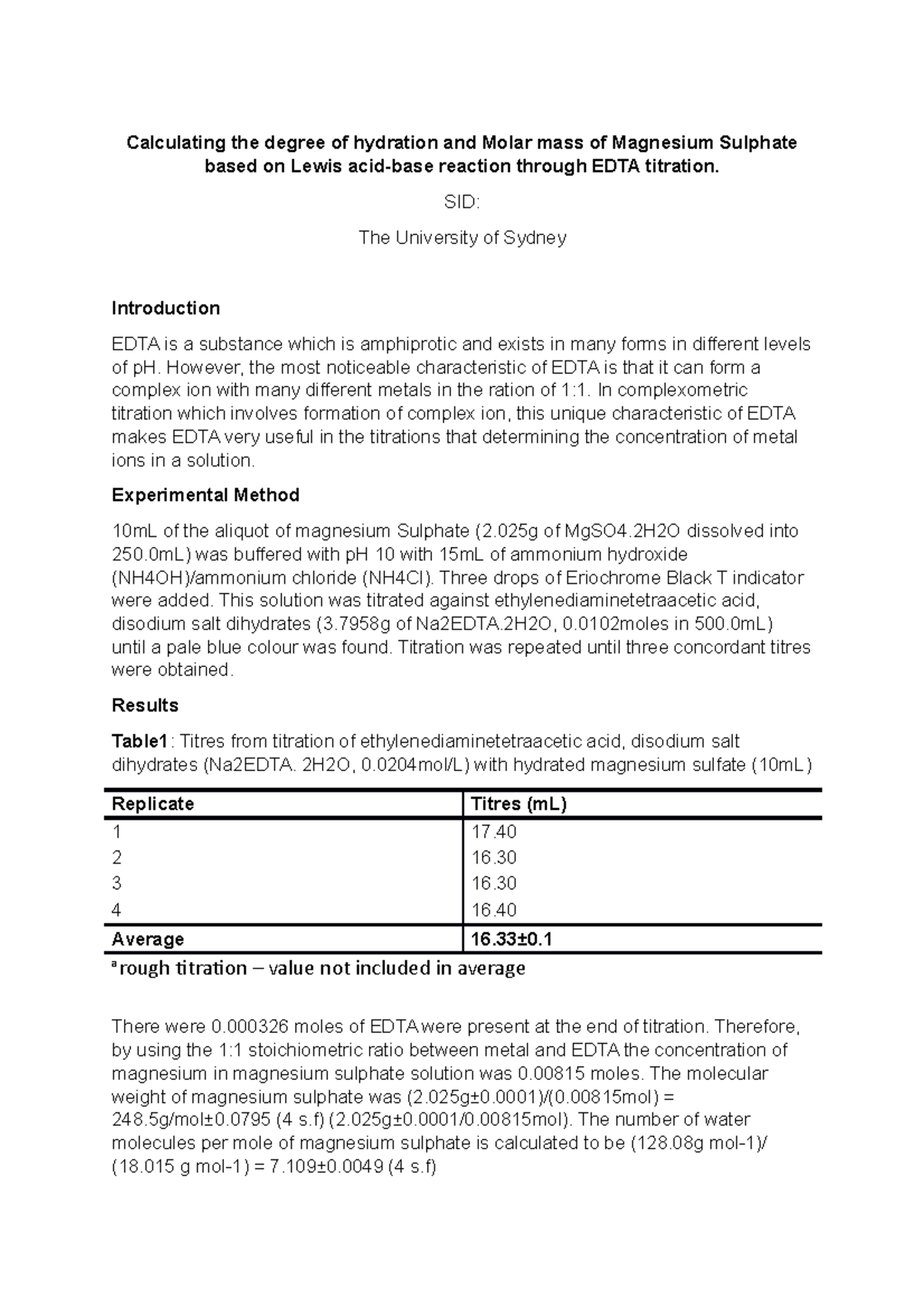 Calculating hydration state and Molar mass of Magnesium Sulphate based
