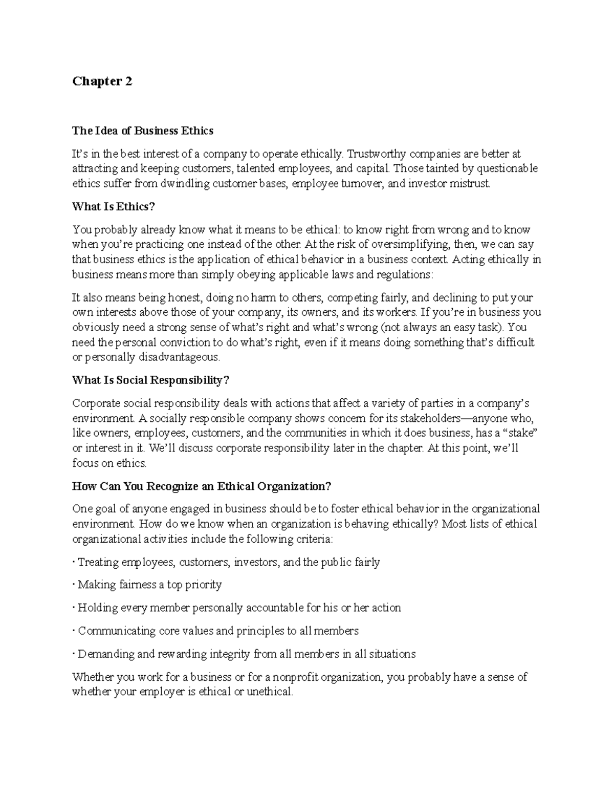 Chapter 2 Business Theory Notes Chapter 2 The Idea Of Business Ethics